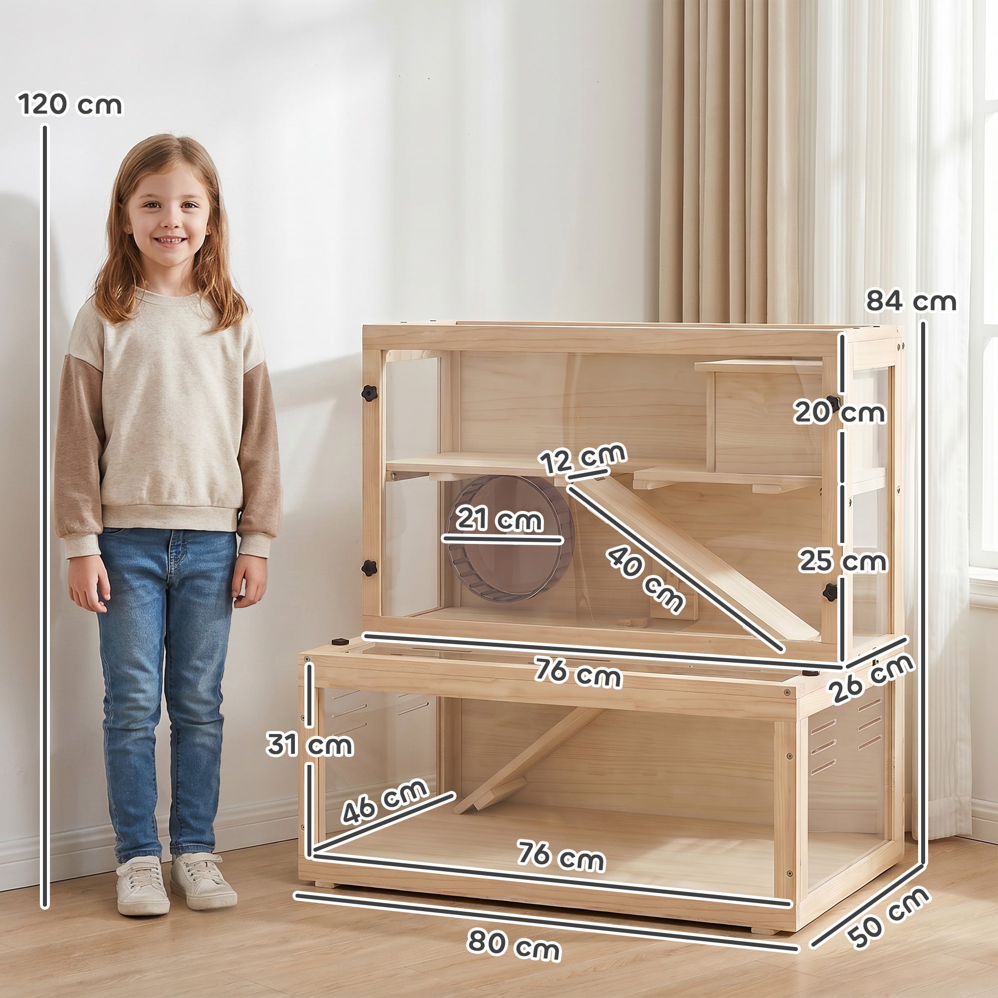 PawHut Wooden Hamster Cage with Hut, Wheel, Ramps, Removable Viewing Panels, 80 x 50 x 84 cm, Natural
