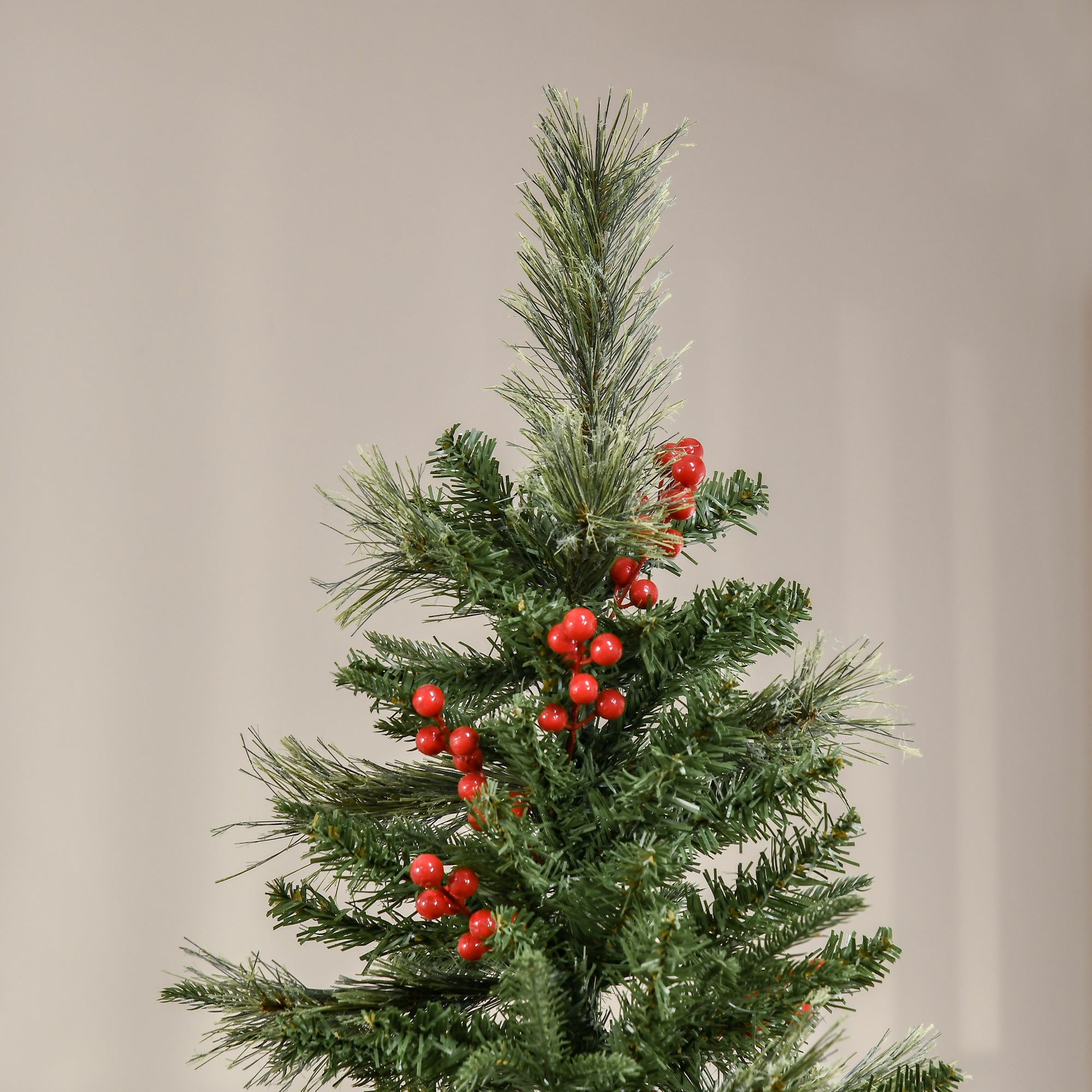 HOMCOM 7ft Pencil Artificial Christmas Tree with Realistic Branches, Red Berries, Auto Open, Green - North Peak Garden Furniture
