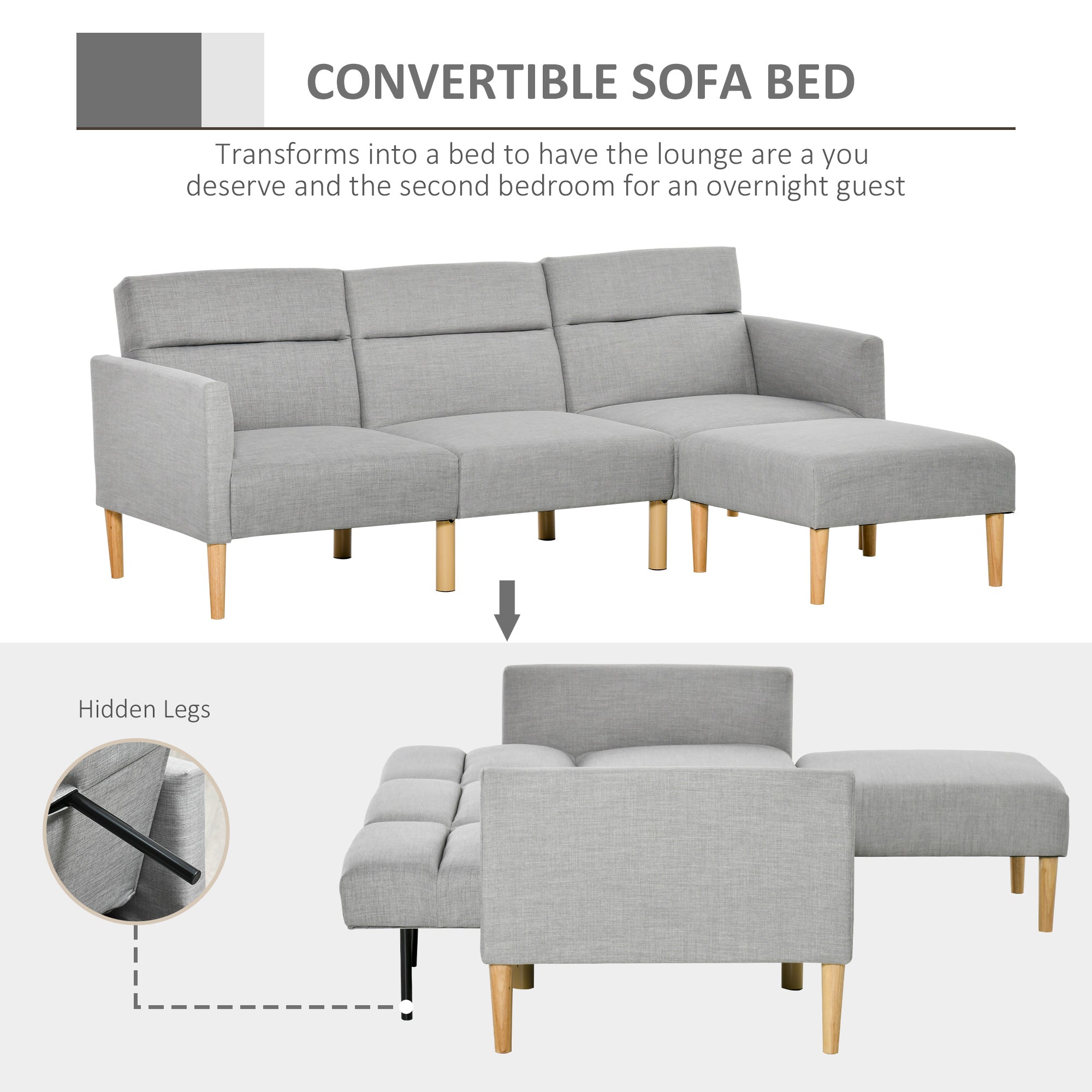 HOMCOM L Shape Sofa Bed Set, Linen Fabric Corner Sofa Bed with Rubber Wood Legs and Footstool, Light Grey - North Peak Garden Furniture