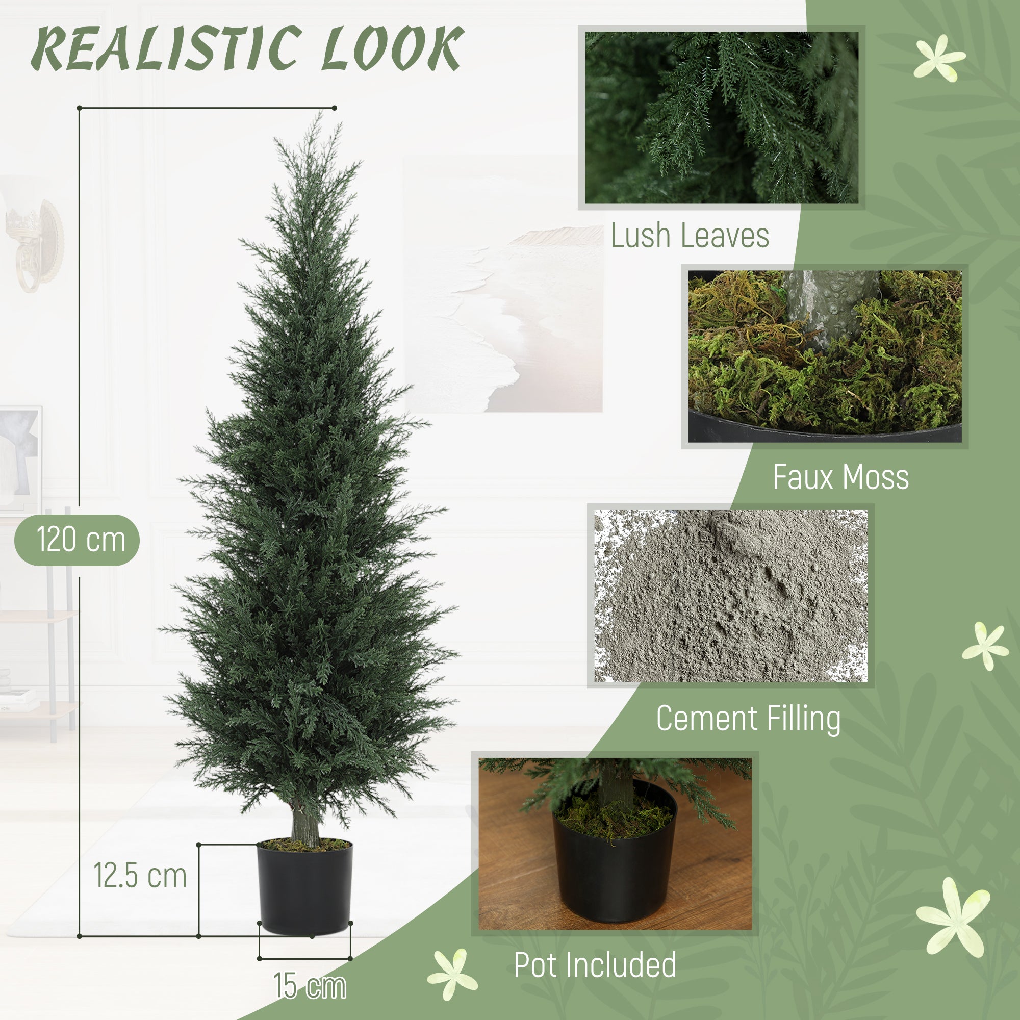 HOMCOM Set of 2 Decorative Artificial Plant, 120 cm Cypress Tree with 638 Leaves in Pot, UV-Resistant Plastic Fake Tree for Indoor Outdoor Home Office - North Peak Garden Furniture