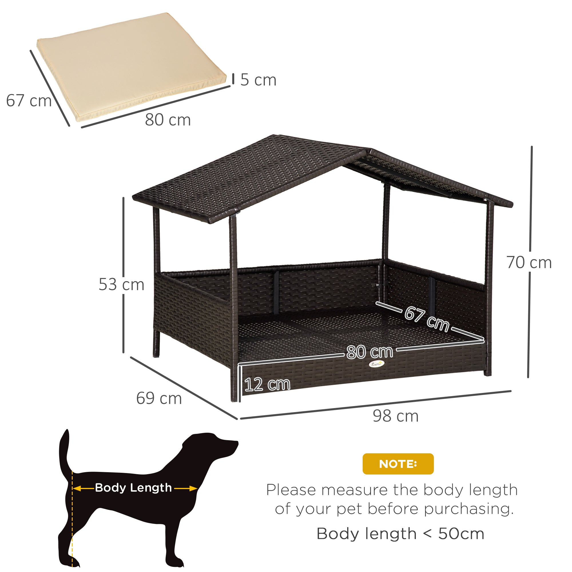 PawHut Wicker Dog House, Rattan Pet Bed, with Removable Cushion, Canopy, for Small and Medium Dogs - Cream - North Peak Garden Furniture