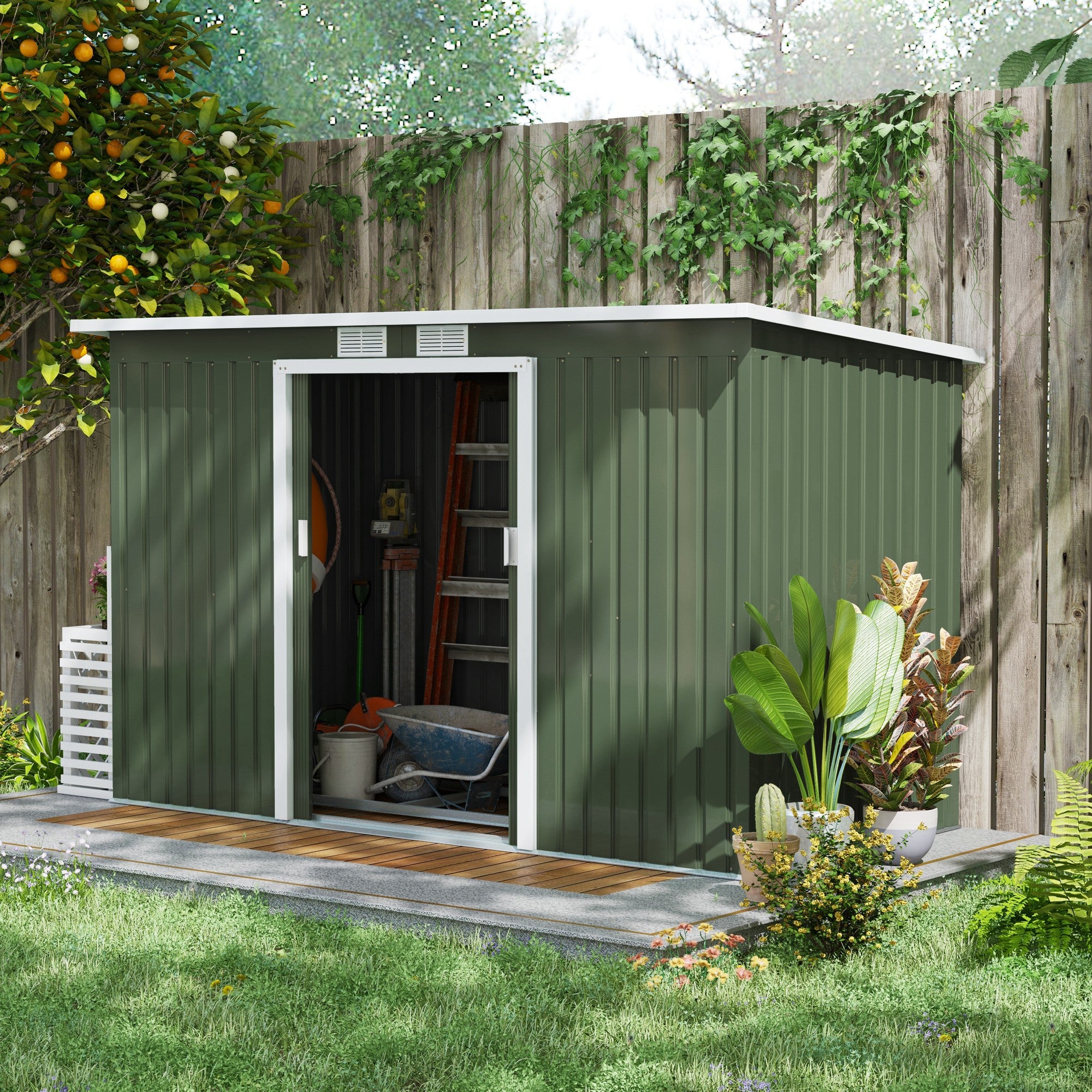Outsunny 9ft x 4ft Metal Garden Shed, Outdoor Tool House with Foundation Kit, Ventilations and Double Doors, Light Green - North Peak Garden Furniture