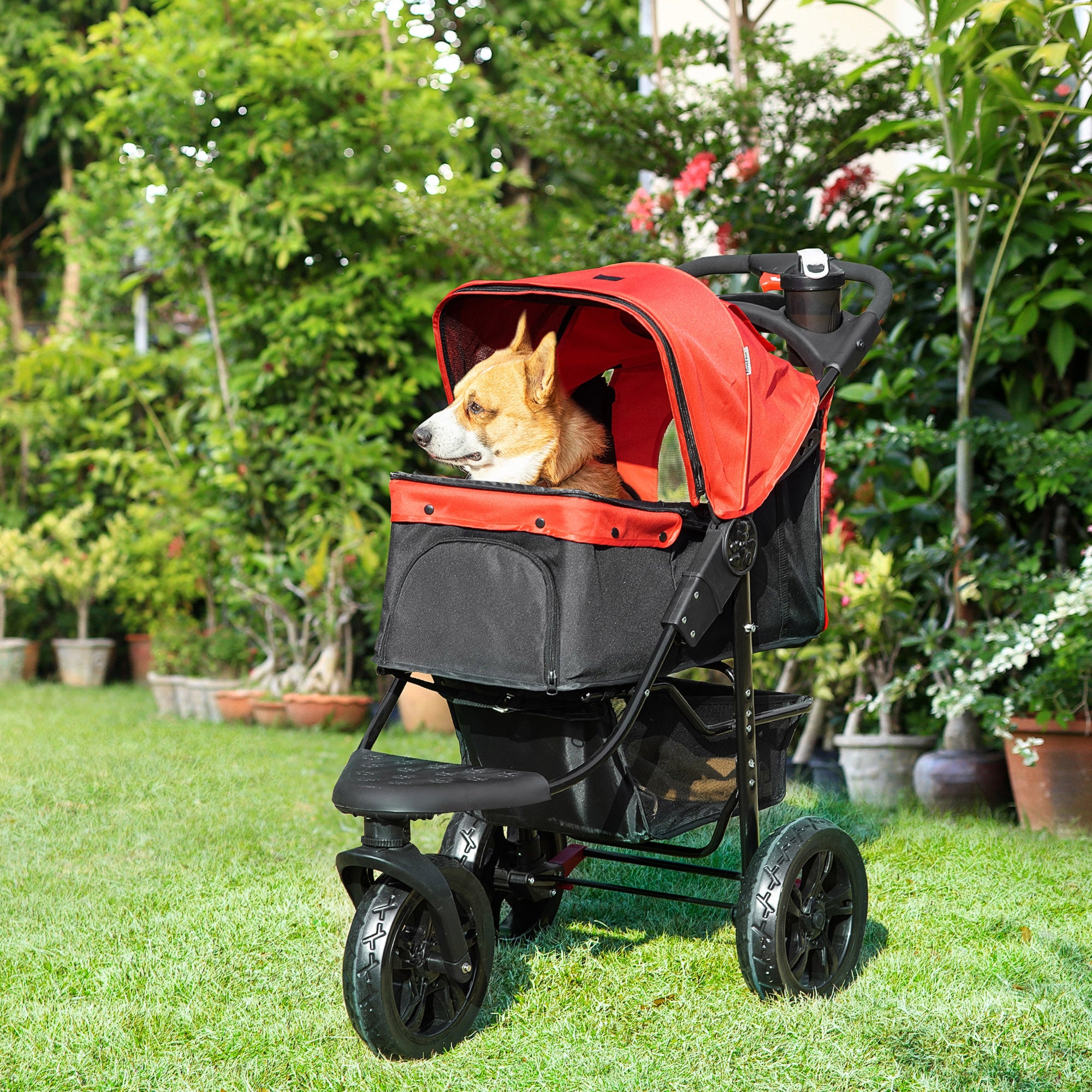 PawHut Dog Pram Dog Stroller Pet Stroller, 3 Wheels Dog Pushchair with Brake, for Small Miniature Dogs, Cats, Red - North Peak Garden Furniture
