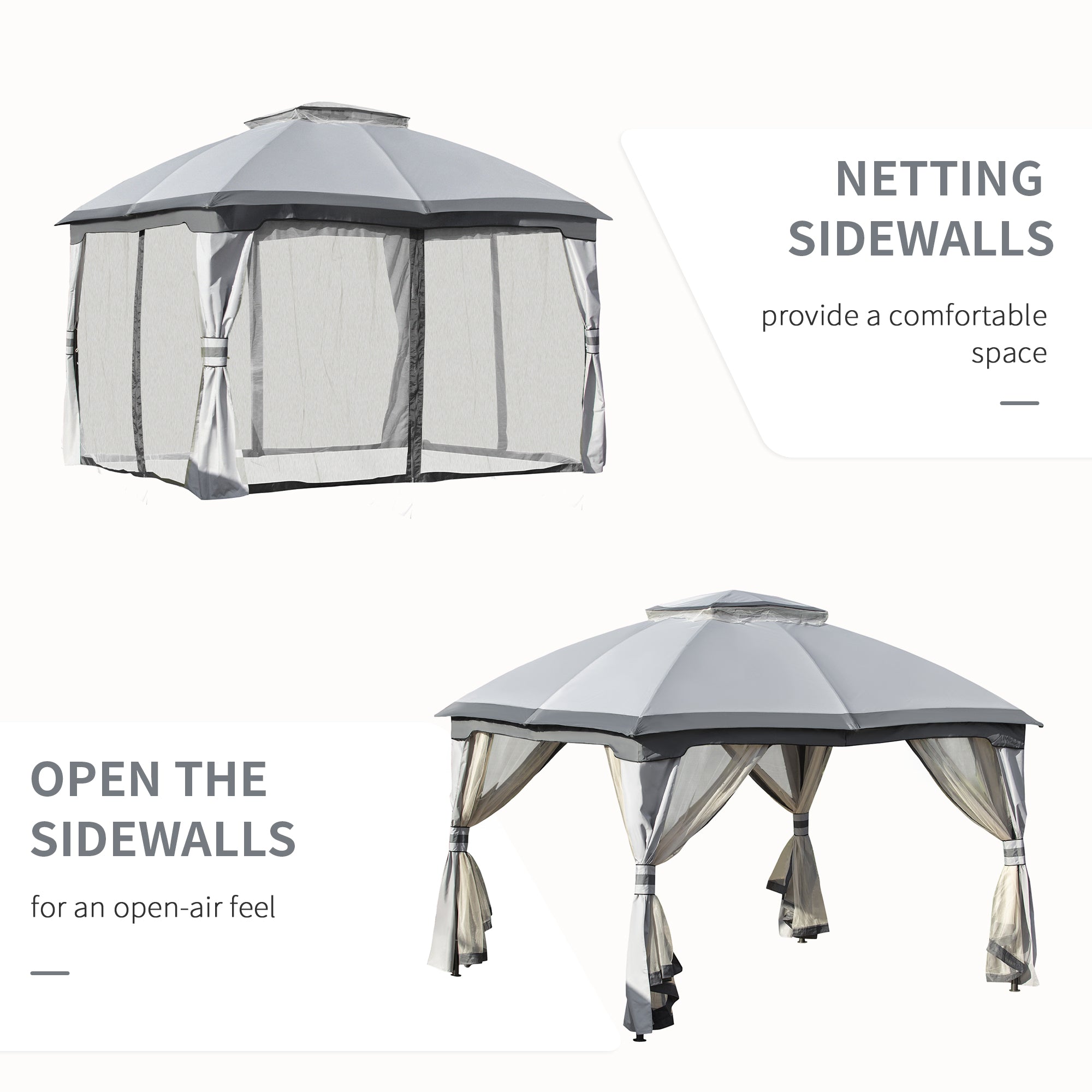 Outsunny 3.7 x 3(m) Metal Gazebo Canopy Party Tent Garden Patio Shelter with Netting Sidewalls & Double Tiered Roof, Grey - North Peak Garden Furniture