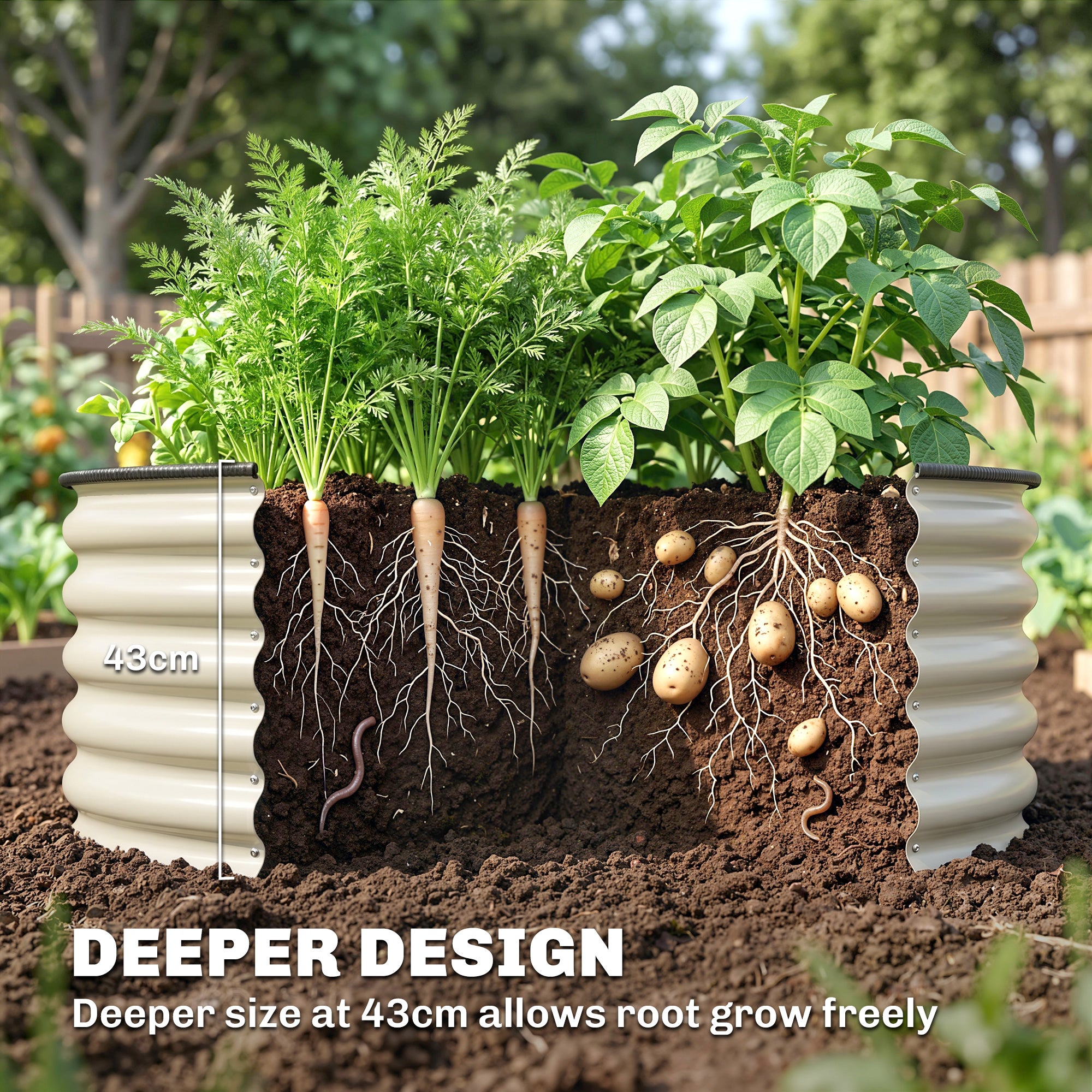 Outsunny Galvanised Raised Garden Bed with Safety Edging, Outdoor Raised Planter Box with Gloves, 120 x 120 x 43cm, Cream White