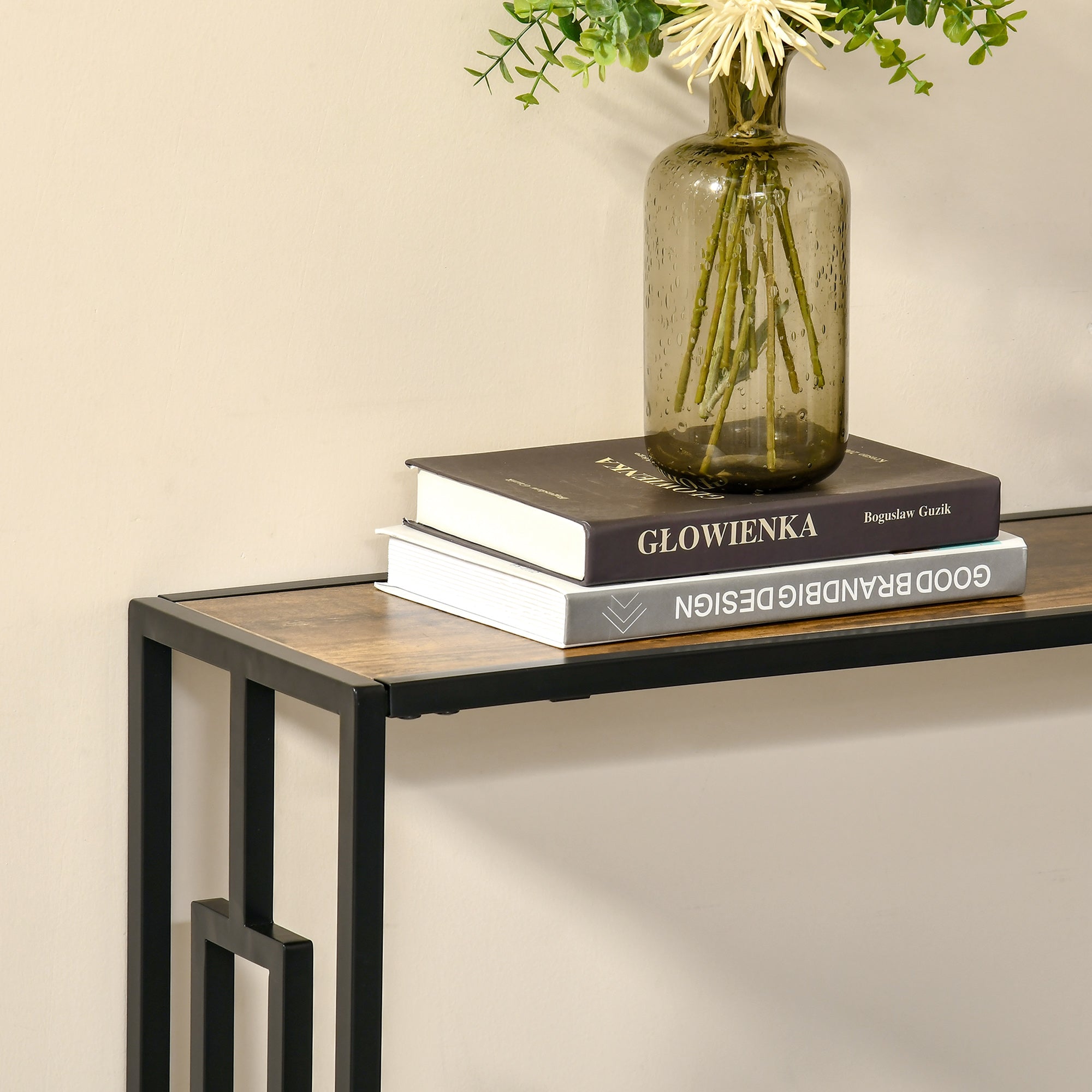 HOMCOM Industrial Console Table with Storage Shelf, Narrow Hallway Dressing Desk with Metal Frame for Living Room, Bedroom, Rustic Brown - North Peak Garden Furniture