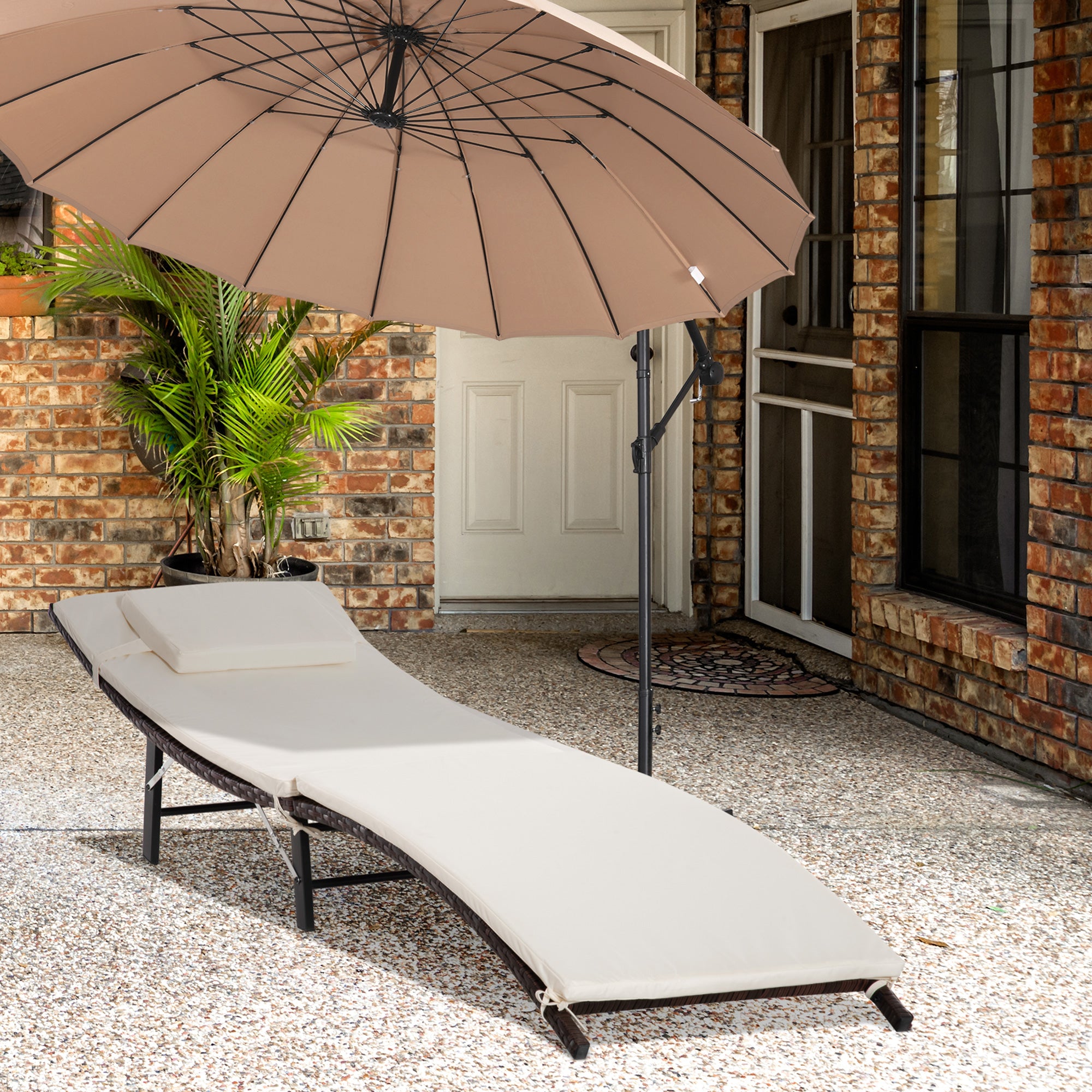 Outsunny Rattan Sun Lounger Garden Furniture Folding Outdoor Chair Wicker Weave Bed with Cushion and Pillow, Cream White - North Peak Garden Furniture
