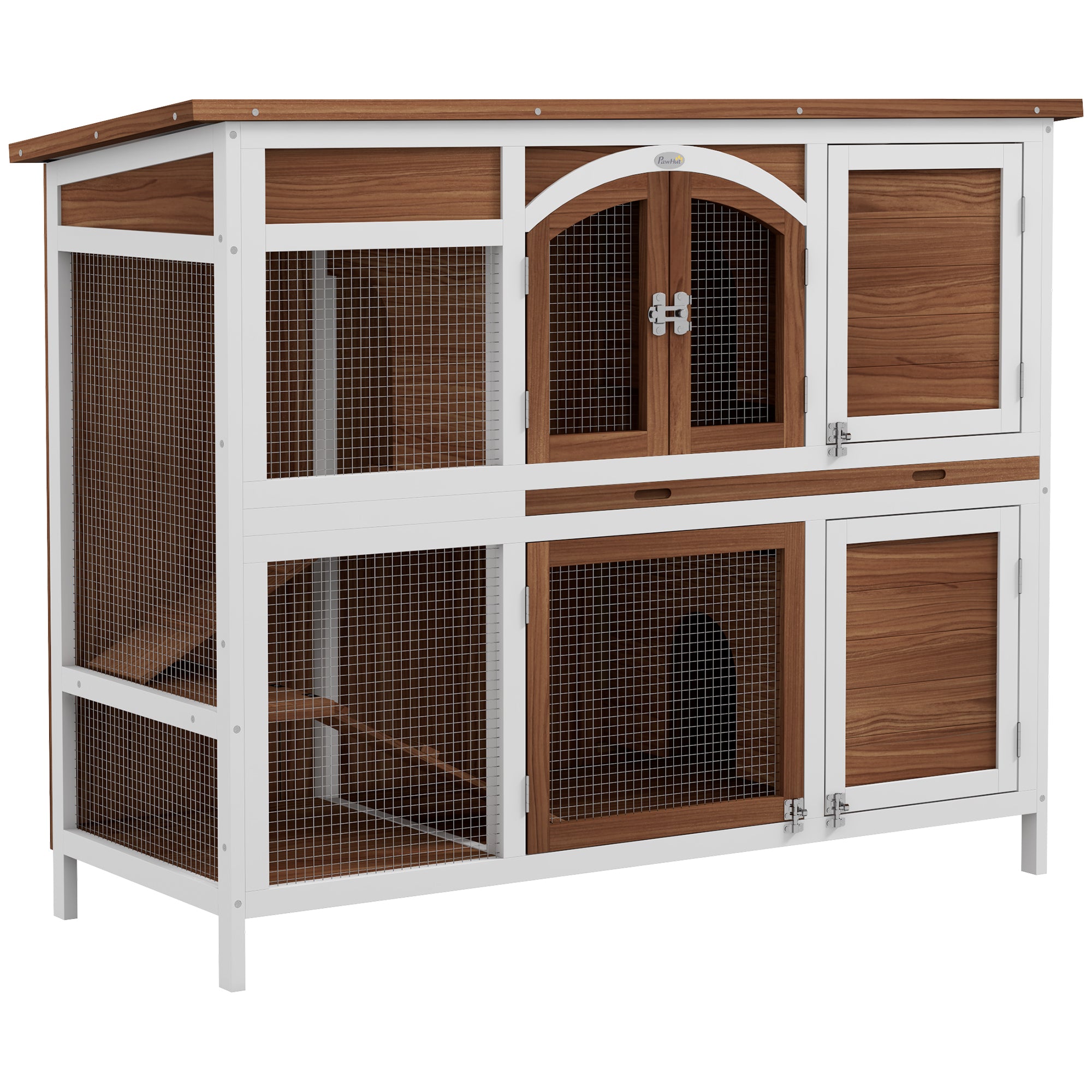 PawHut Two-Tier Wooden Pet Hutch with Openable Roof, Slide-Out Tray - North Peak Garden Furniture