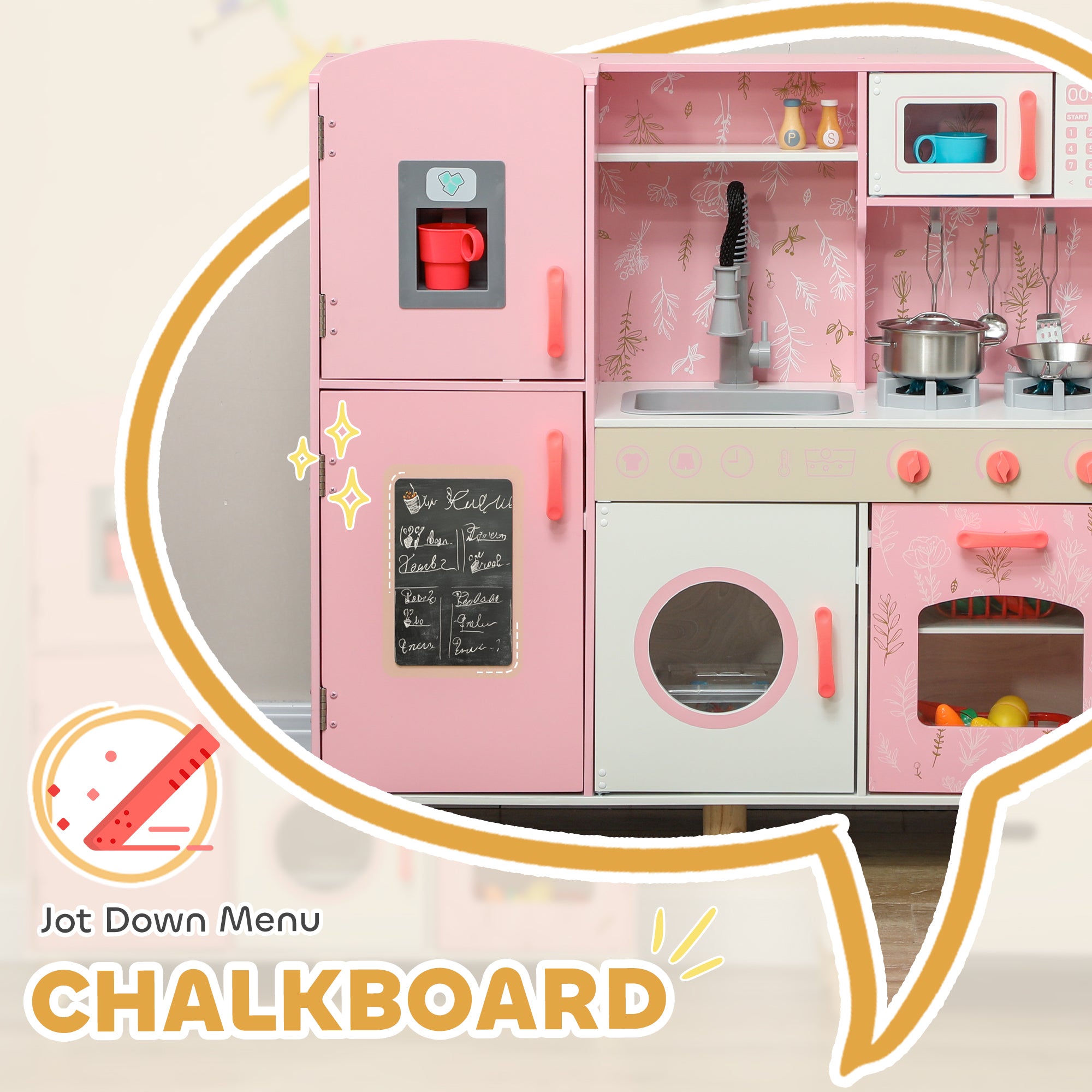 AIYAPLAY Play Kitchen, Kids Kitchen Set with Lights and Sounds, Double Stoves, Ice Maker, Chalkboard for 3+ Years - Pink - North Peak Garden Furniture