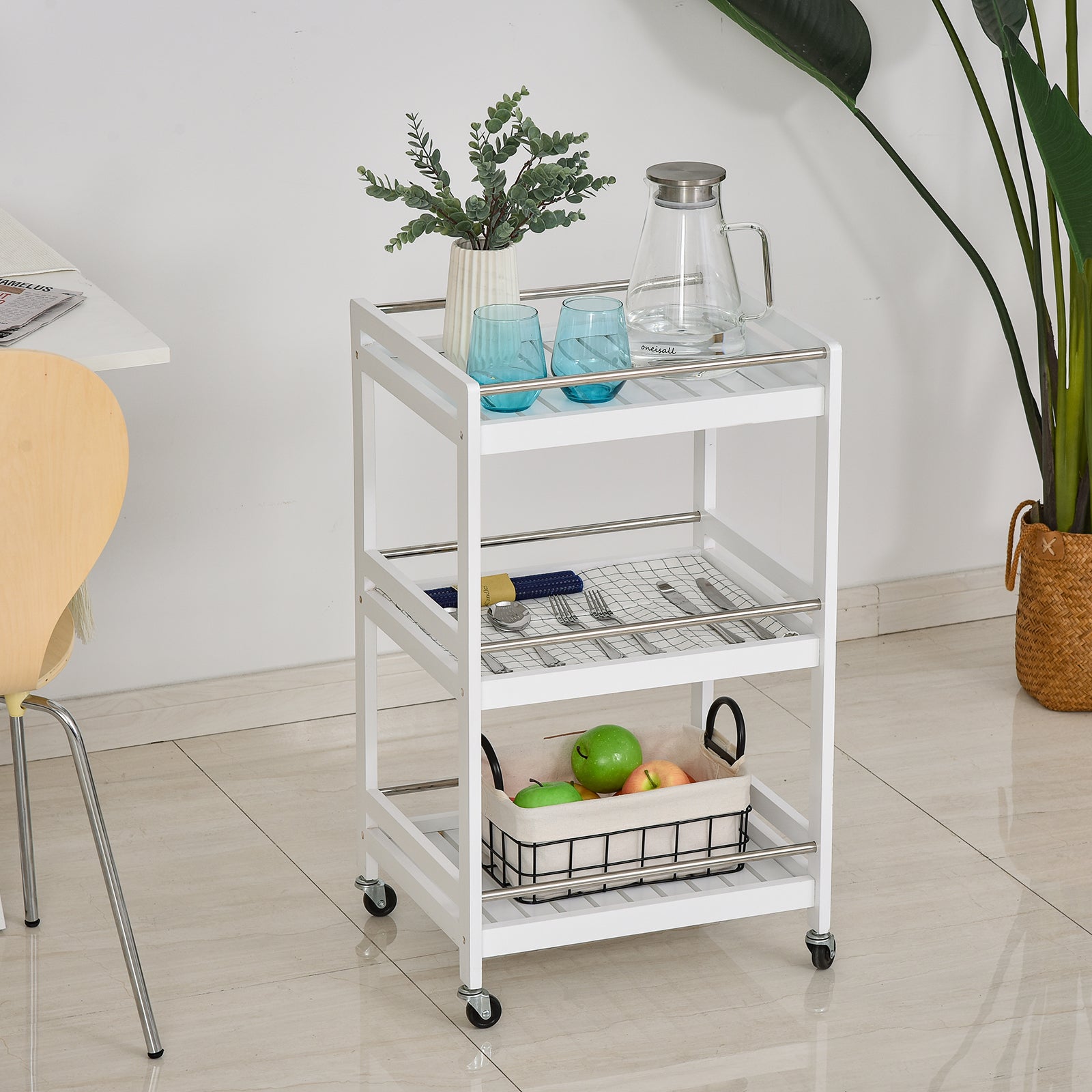 HOMCOM 3-Tier Home Trolley Kitchen Storage Cart w/ Steel Bars 4 Universal Wheels Rolling Unit Organiser Living Room White - North Peak Garden Furniture