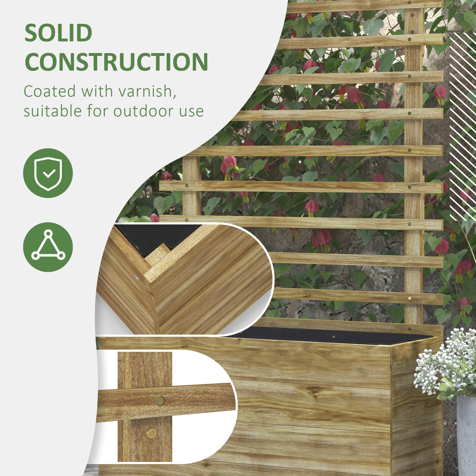Outsunny Wooden Raised Planter, with Back Trellis - Natural Finish - North Peak Garden Furniture