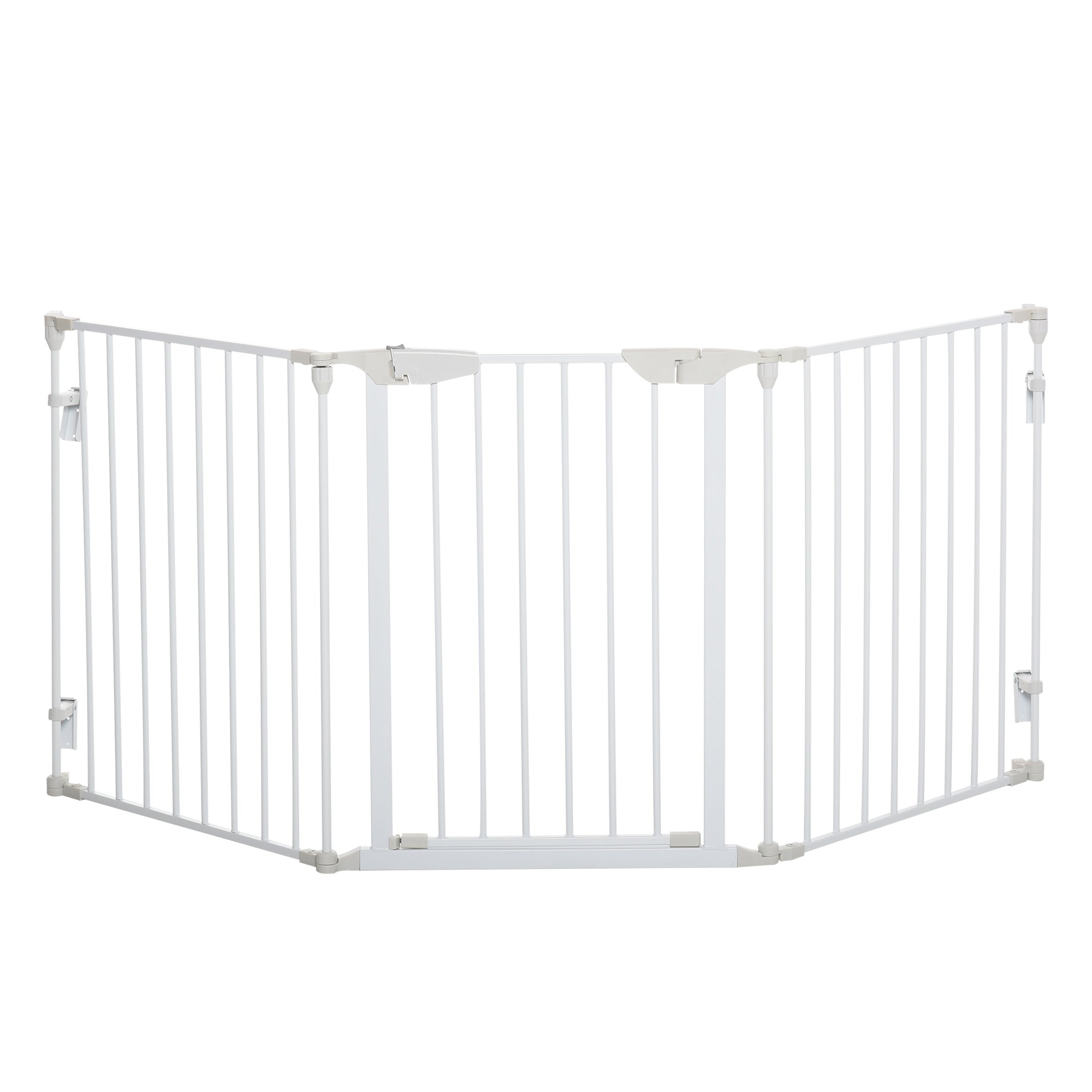 PawHut Pet Safety Gate, 3 Panels Playpen Fireplace, Metal Fence, Stair Barrier, Room Divider w/ Walk-Through Door - White