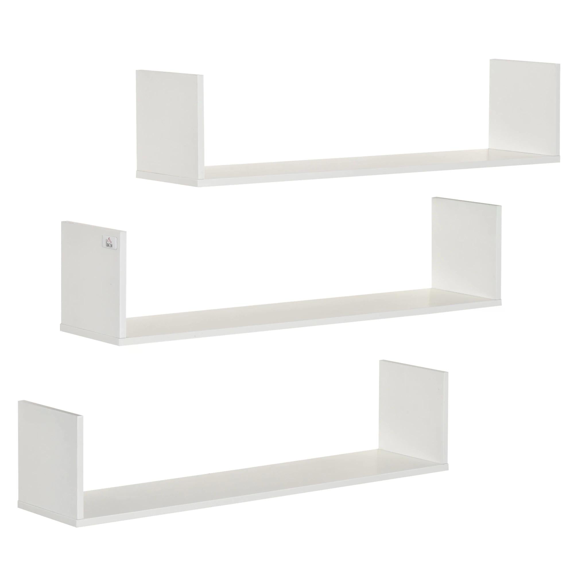 HOMCOM Set of 3 Wooden U-Shaped Floating Shelves Set Wall Mounted Hanging Bookshelf CD DVD Storage Display for Bedroom Living Room Kitchen, White