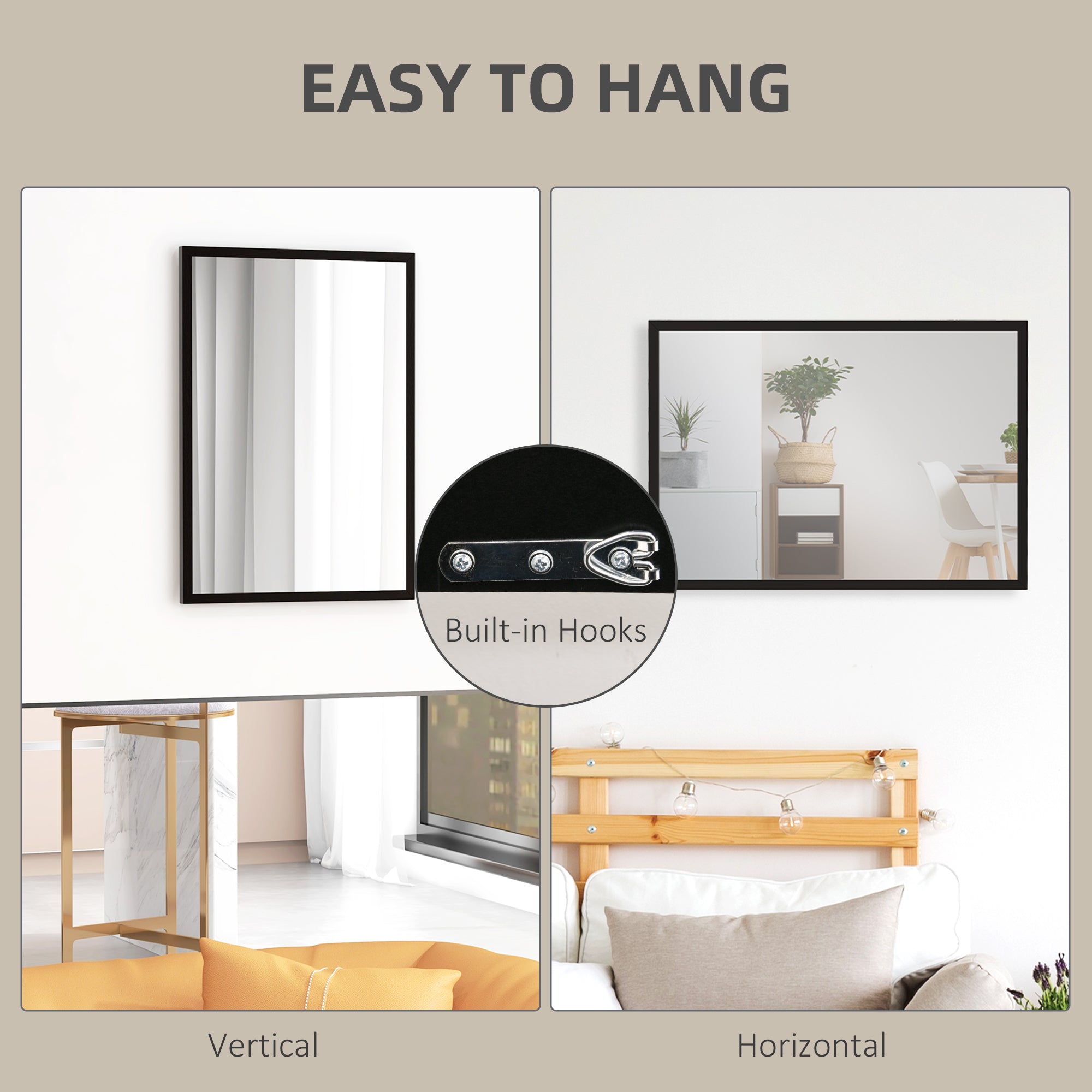 HOMCOM Wall Bathroom Mirror, 70 x 50 cm Wall-Mounted Mirror for Living Room, Bedroom, Hallway, Black - North Peak Garden Furniture