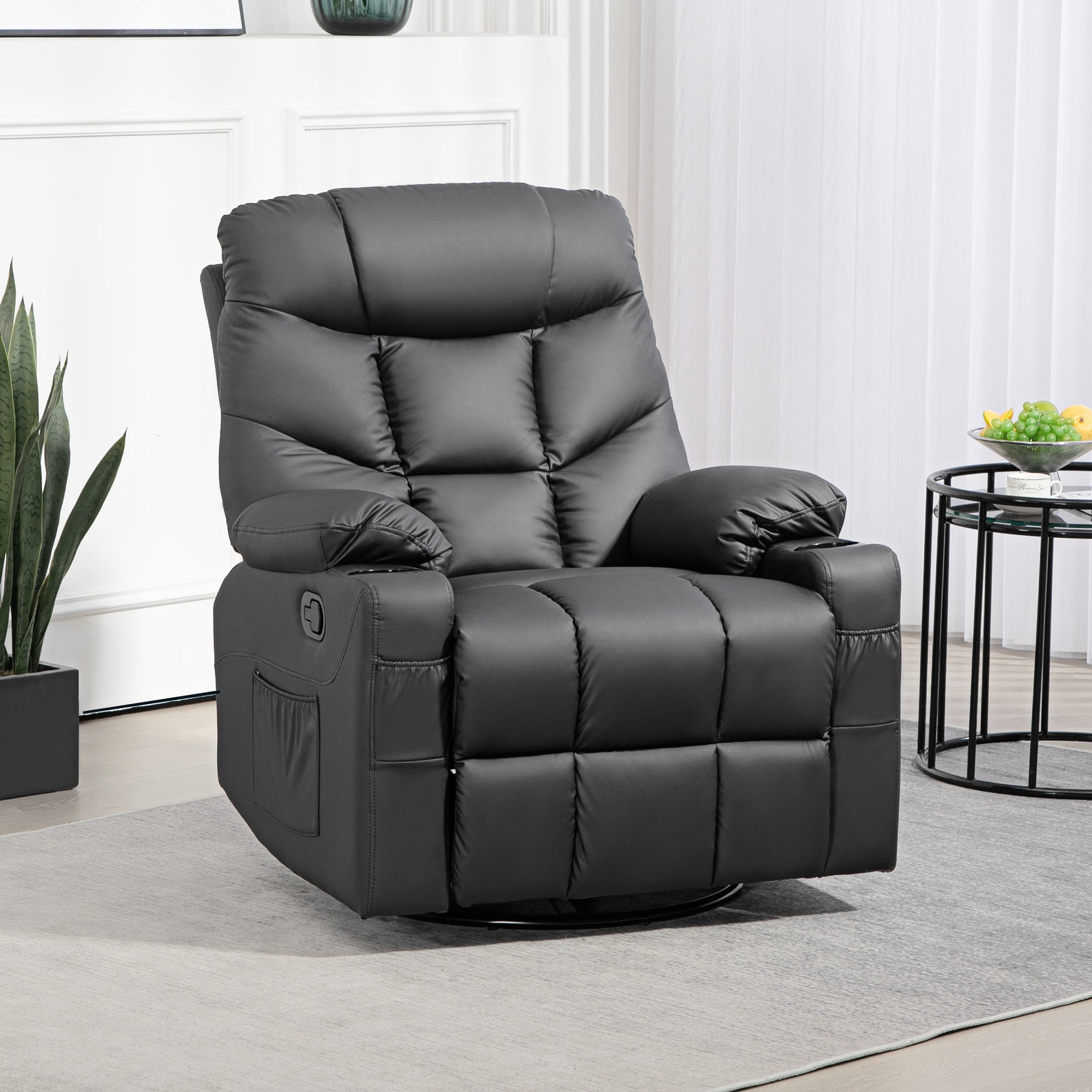 HOMCOM Manual Reclining Chair, Recliner Armchair with Swivel, Faux Leather, Footrest, Cup Holders, 86x93x102cm, Black - North Peak Garden Furniture
