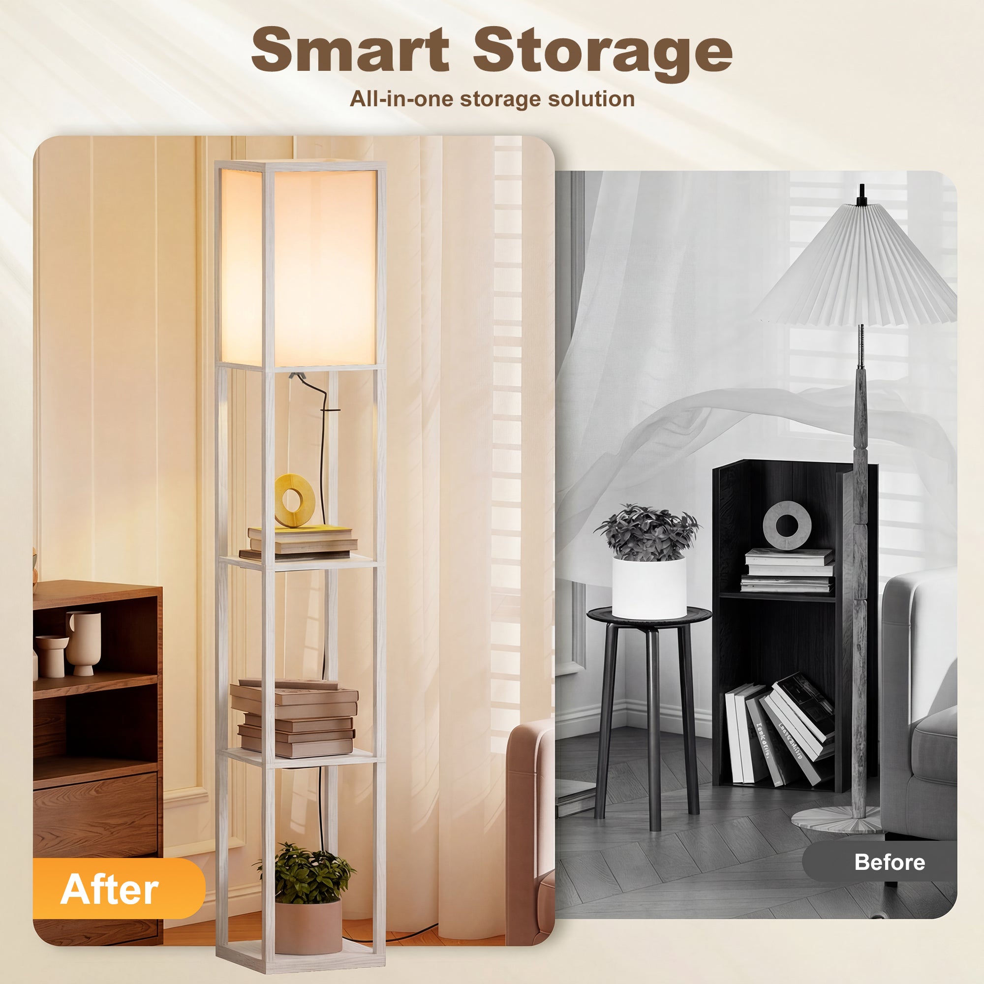 HOMCOM 3-Tier Floor Lamp, Floor Light with Storage Shelf, Reading Standing Lamp for Living Room, Bedroom, Kitchen, Dining Room, Office, Dorm, 160cm, White