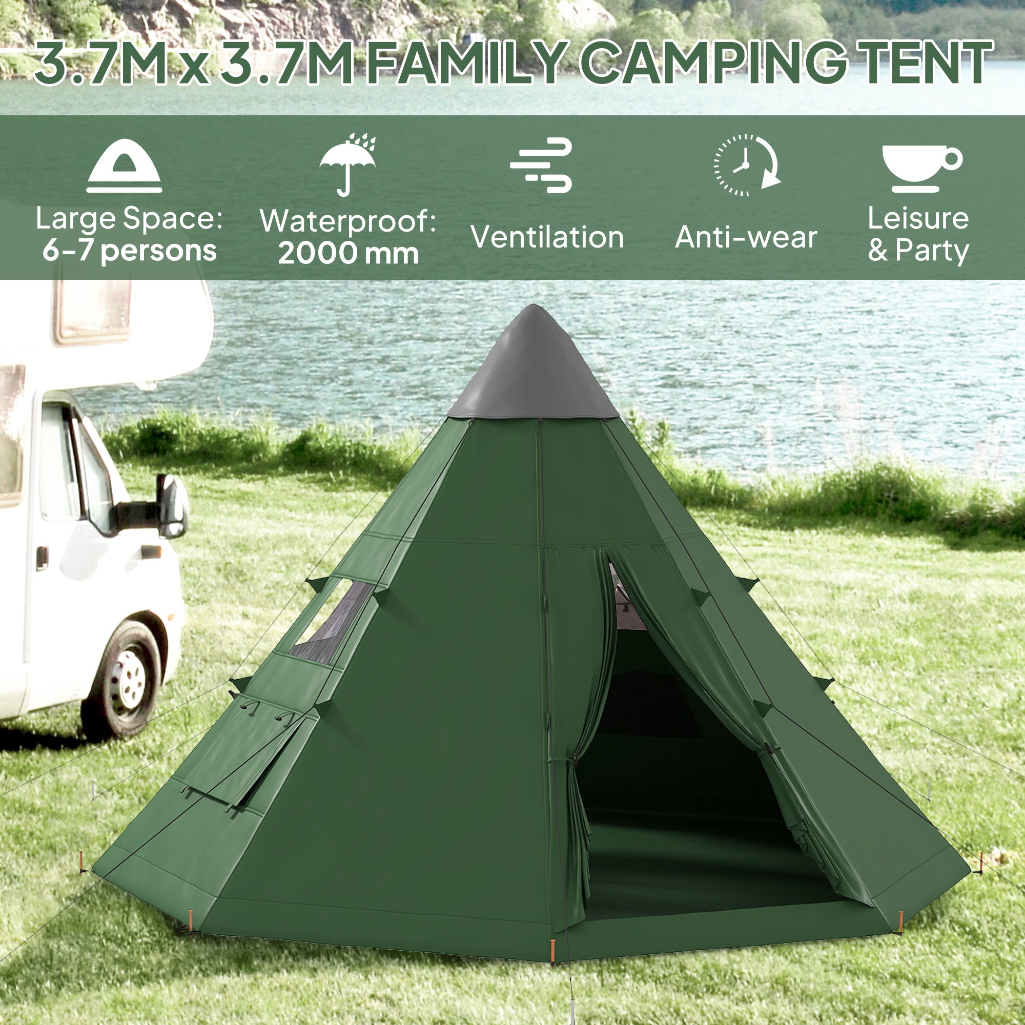 Outsunny 6 Men Tipi Tent with Carry Bag - Green - North Peak Garden Furniture