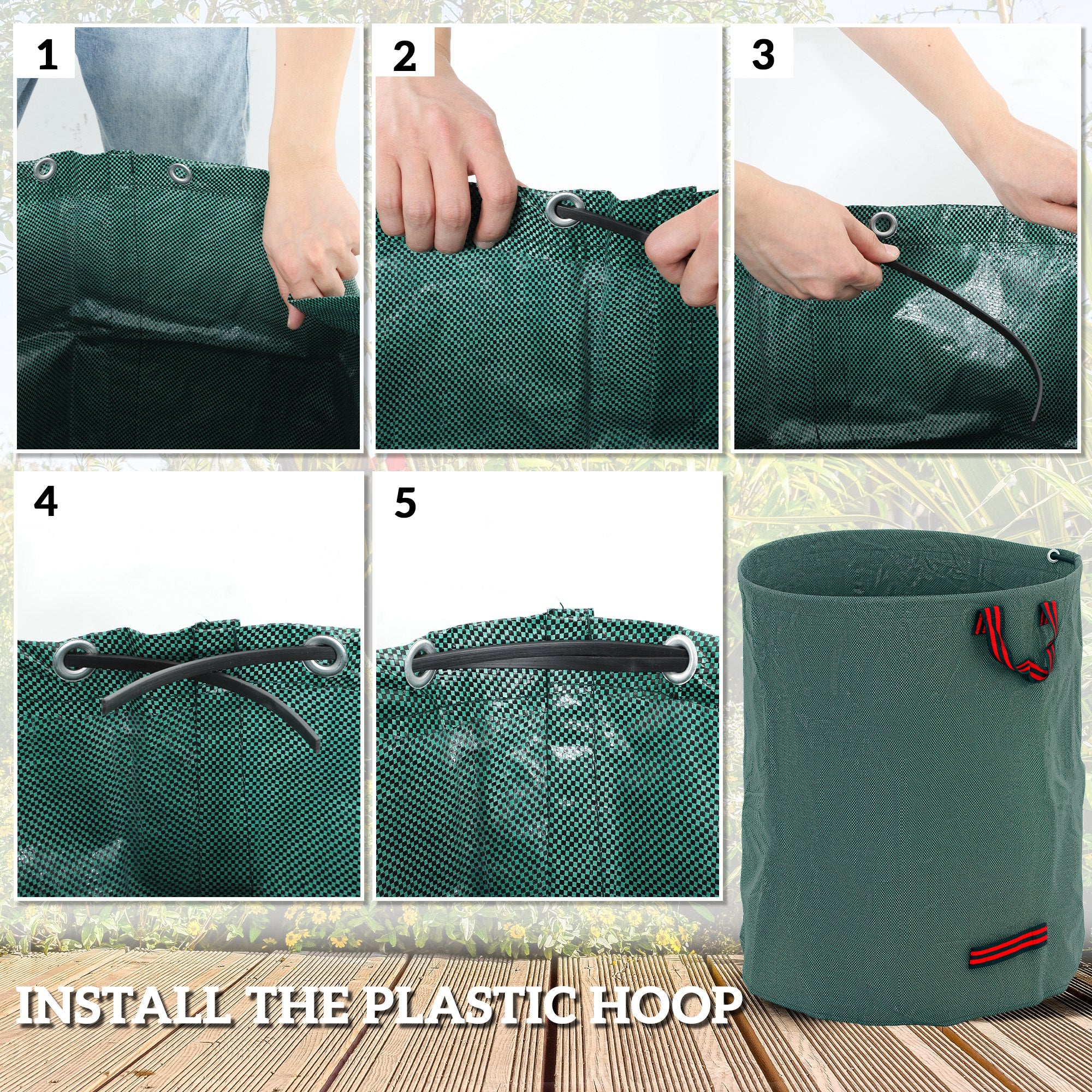 Outsunny Garden Waste Bags, 300L x 3 Heavy Duty Garden Bags, Foldable and Reusable Waste Sacks with Handles for Loading Leaf, Trash, Debris, Green - North Peak Garden Furniture