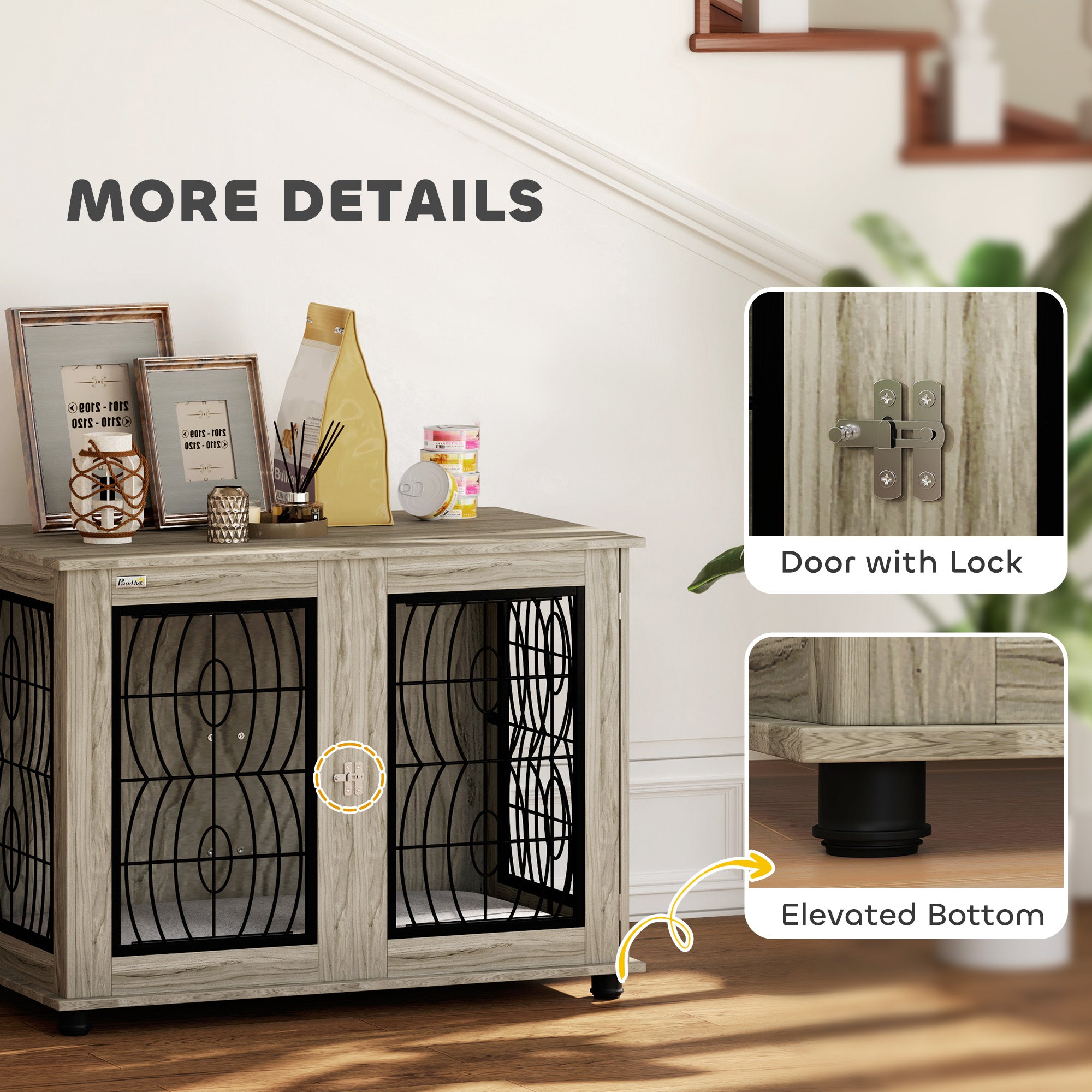 PawHut Indoor Dog Crate Furniture End Table with Soft Washable Cushion, Lockable Front Door, for Large Dogs - Grey - North Peak Garden Furniture