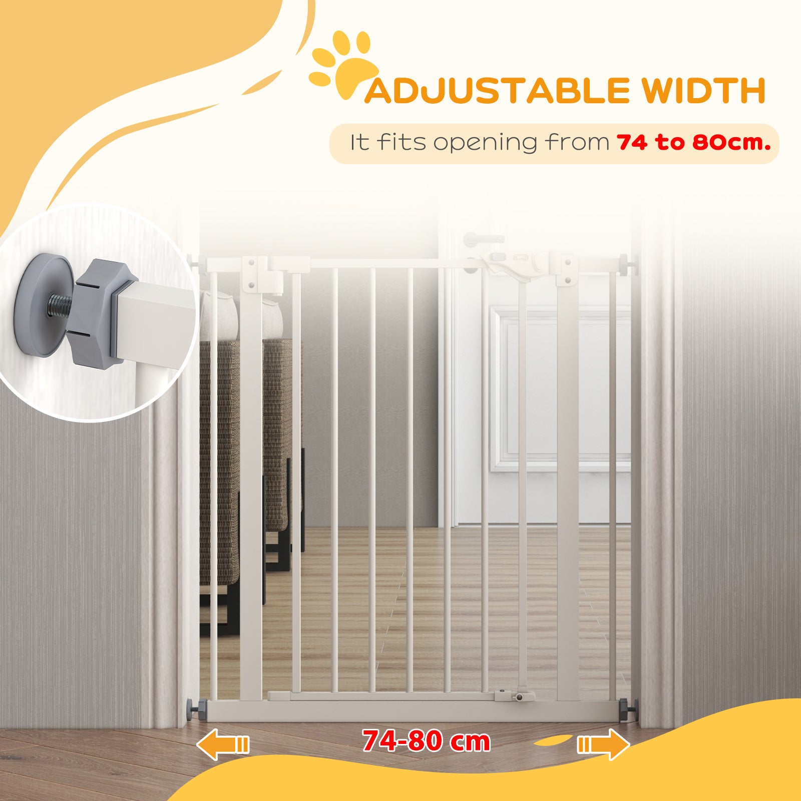 PawHut Metal 74-80cm Wide Adjustable Dog Gate White - North Peak Garden Furniture