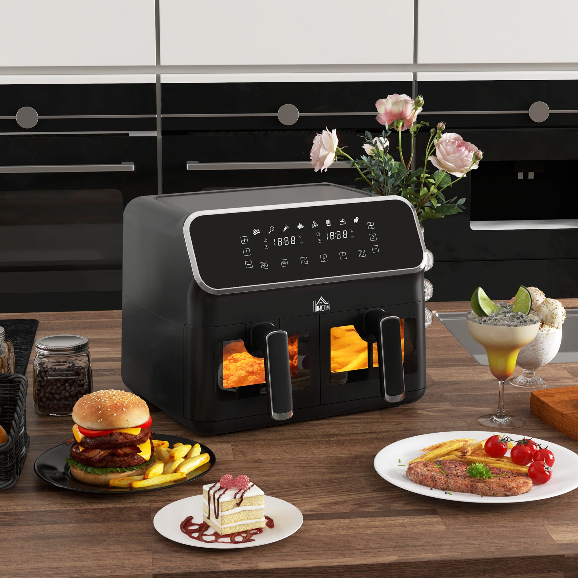 HOMCOM 8L Dual Basket Air Fryer, 80-200℃, with Sync Function - Black/Silver - North Peak Garden Furniture