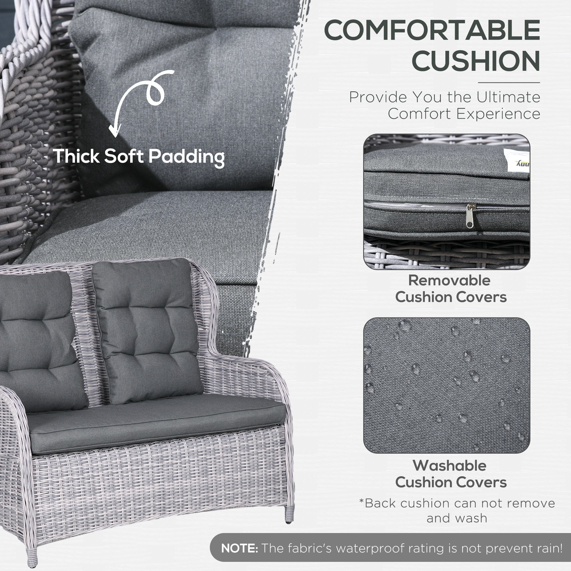 Outsunny Garden PE Rattan Dining Sofa Set, Outdoor 4 Seater Wicker Furniture, High Back Chairs with Cushions, Tempered Glass Coffee Table for Lawn, Backyard, Mixed Grey - North Peak Garden Furniture
