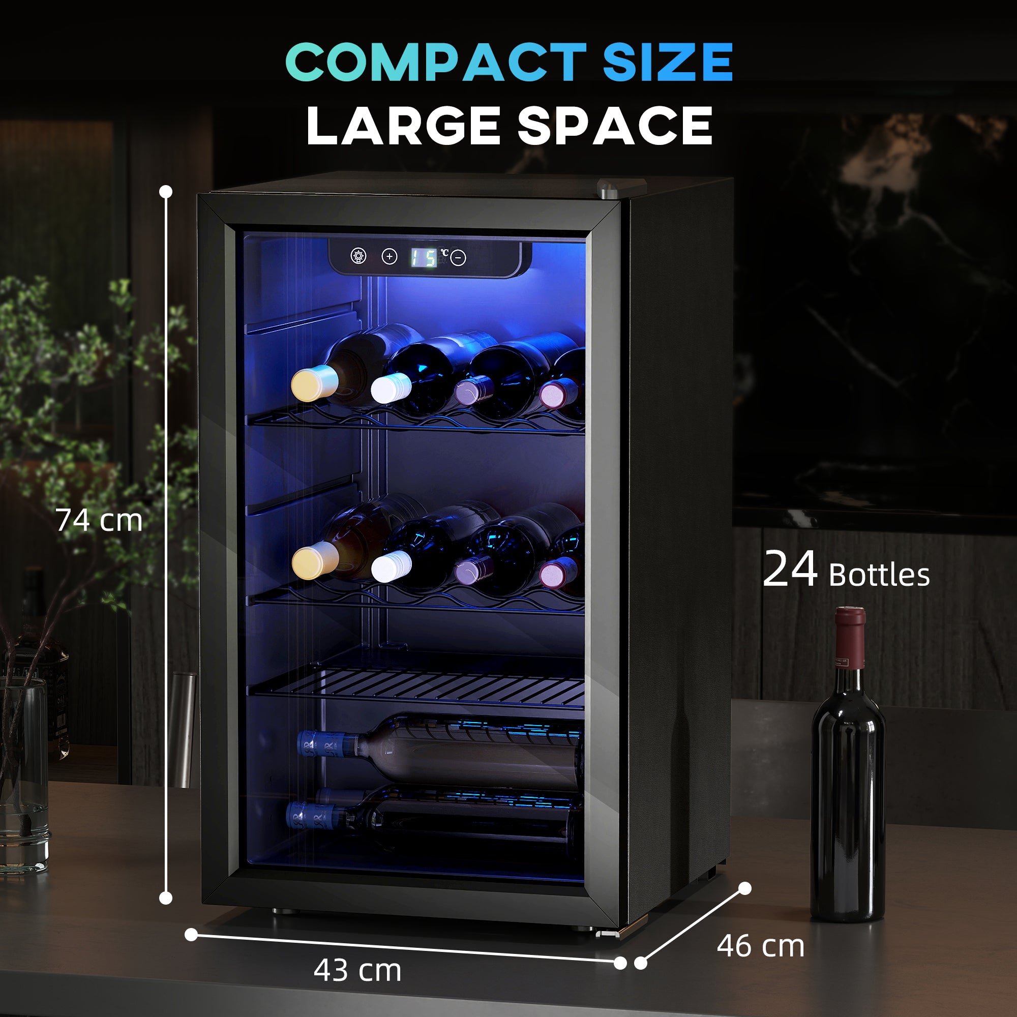 HOMCOM 24 Bottle Wine Cooler, 68 Litre Capacity, 4-16°C Freestanding Drinks Beer Wine Fridge with Glass Door, Black