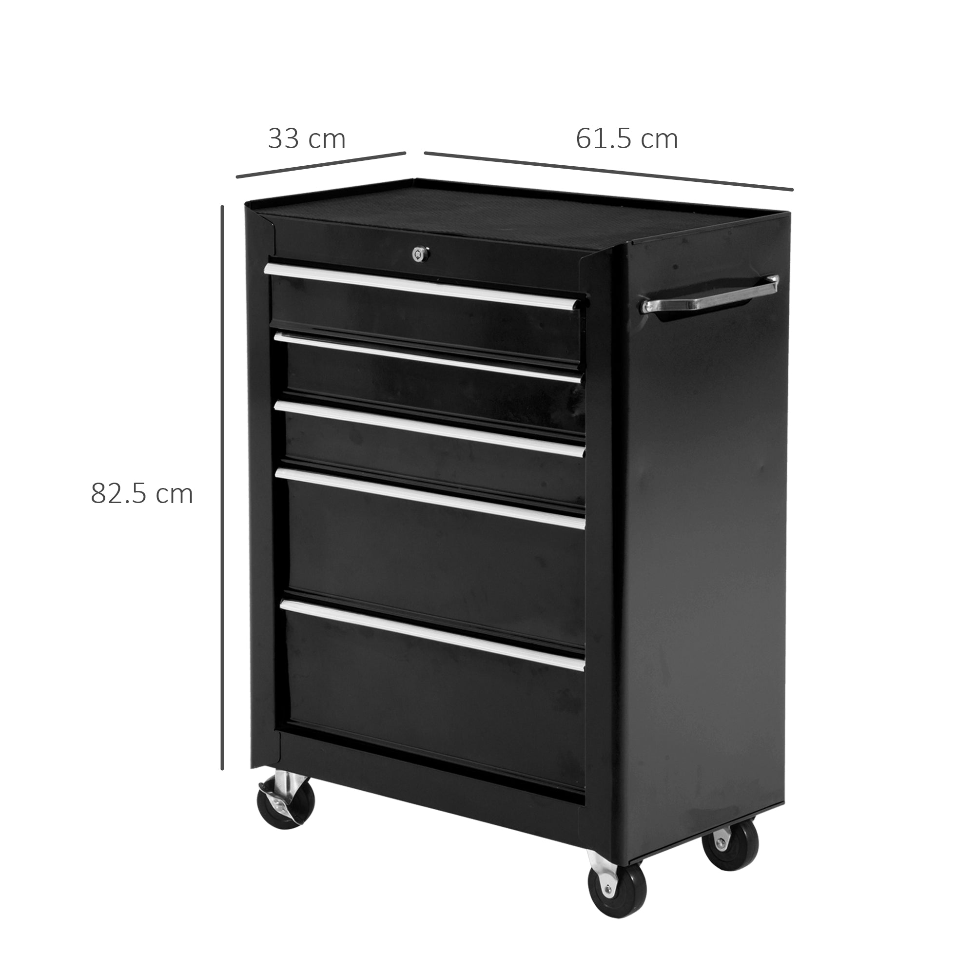 HOMCOM 5-Drawer Tool Chest, Lockable Steel Tool Storage Cabinet with Wheels and Handle Tool Box for Garage, Workshop, Black - North Peak Garden Furniture