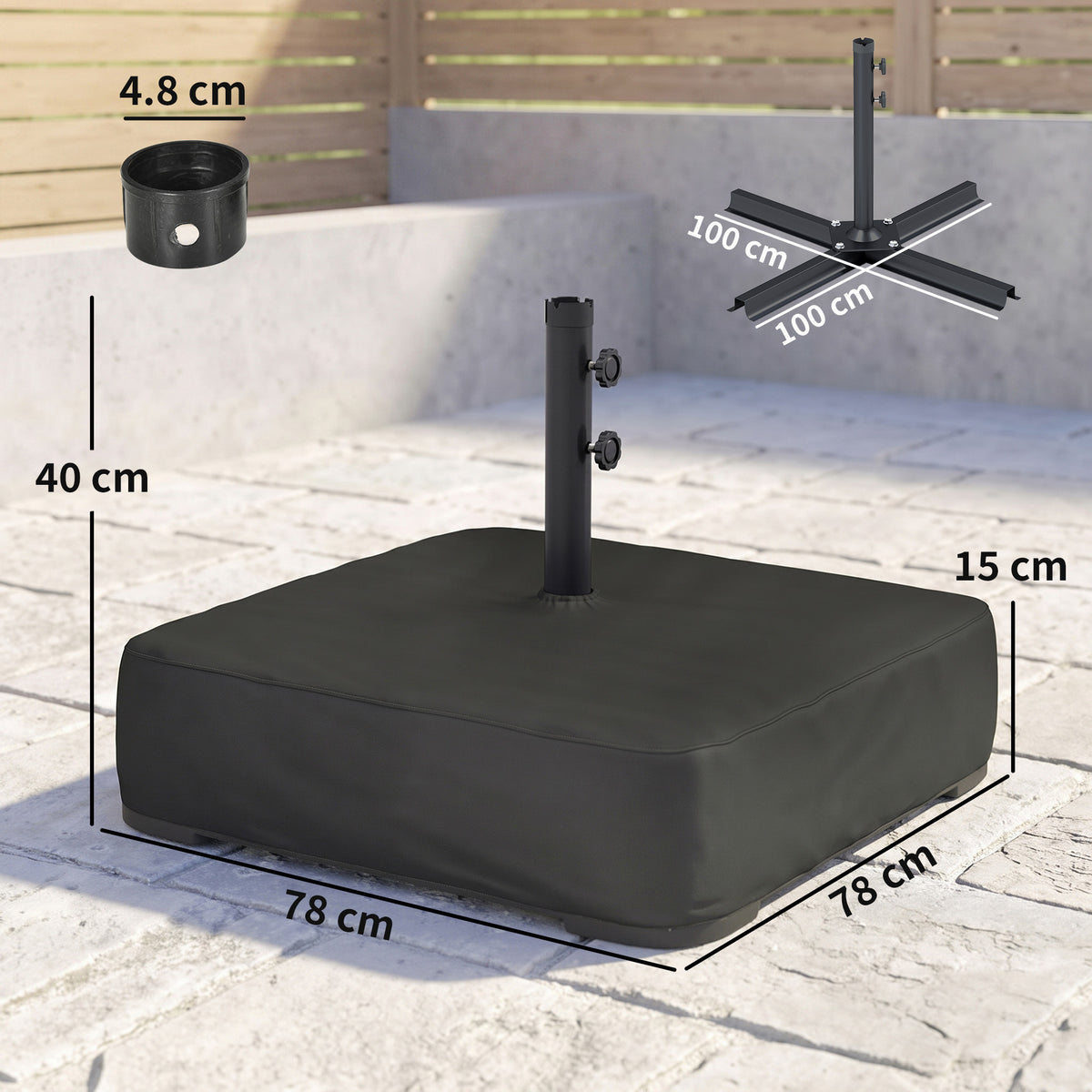 Outsunny Garden Parasol Base 80 kg Sand Filled Heavy Duty Stand for Cantilever Umbrellas and 48 mm Poles Black