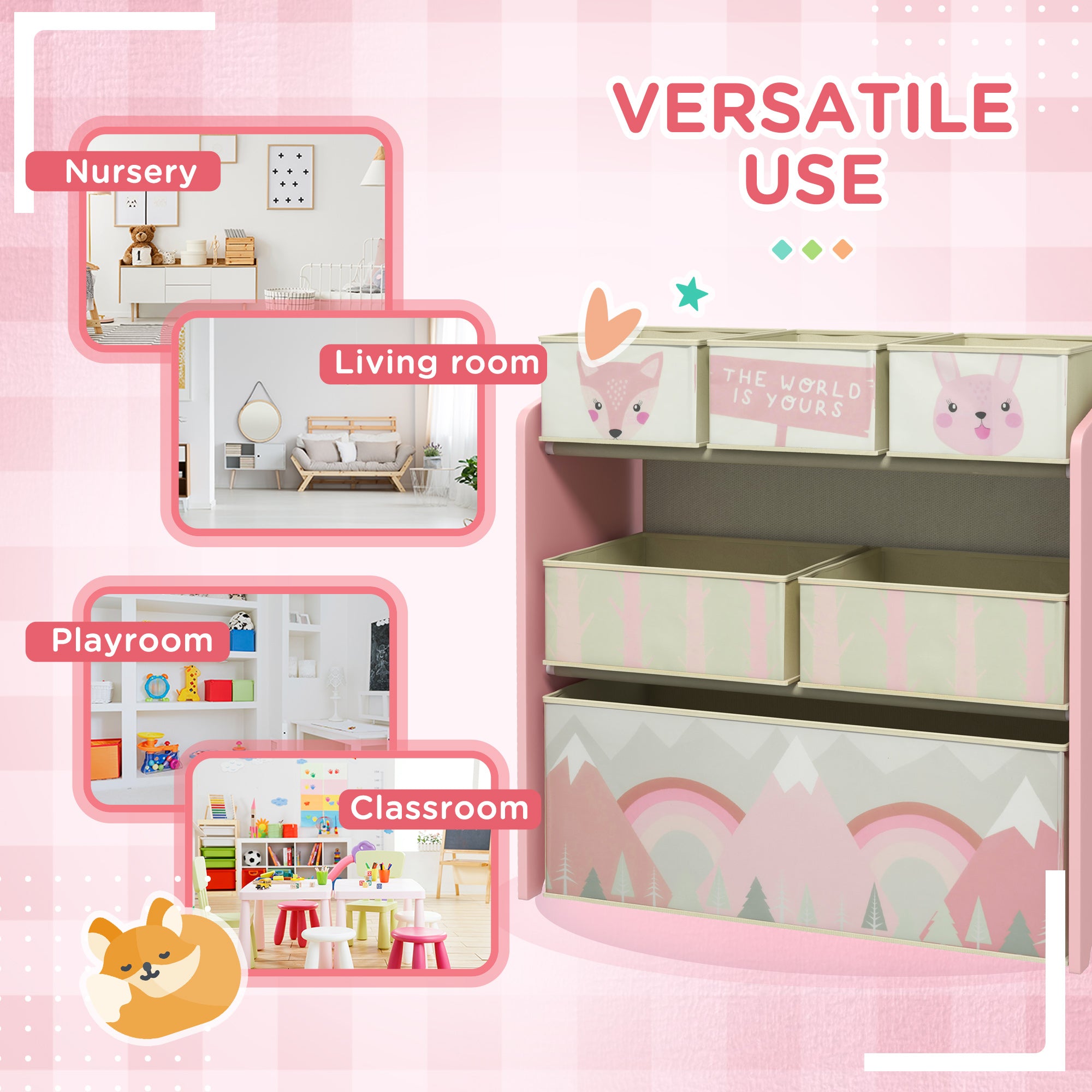 ZONEKIZ Kids Storage Unit, Toy Storage Organiser, with Six Fabric Bins, for Bedrooms, Playrooms, Nurseries - Pink - North Peak Garden Furniture