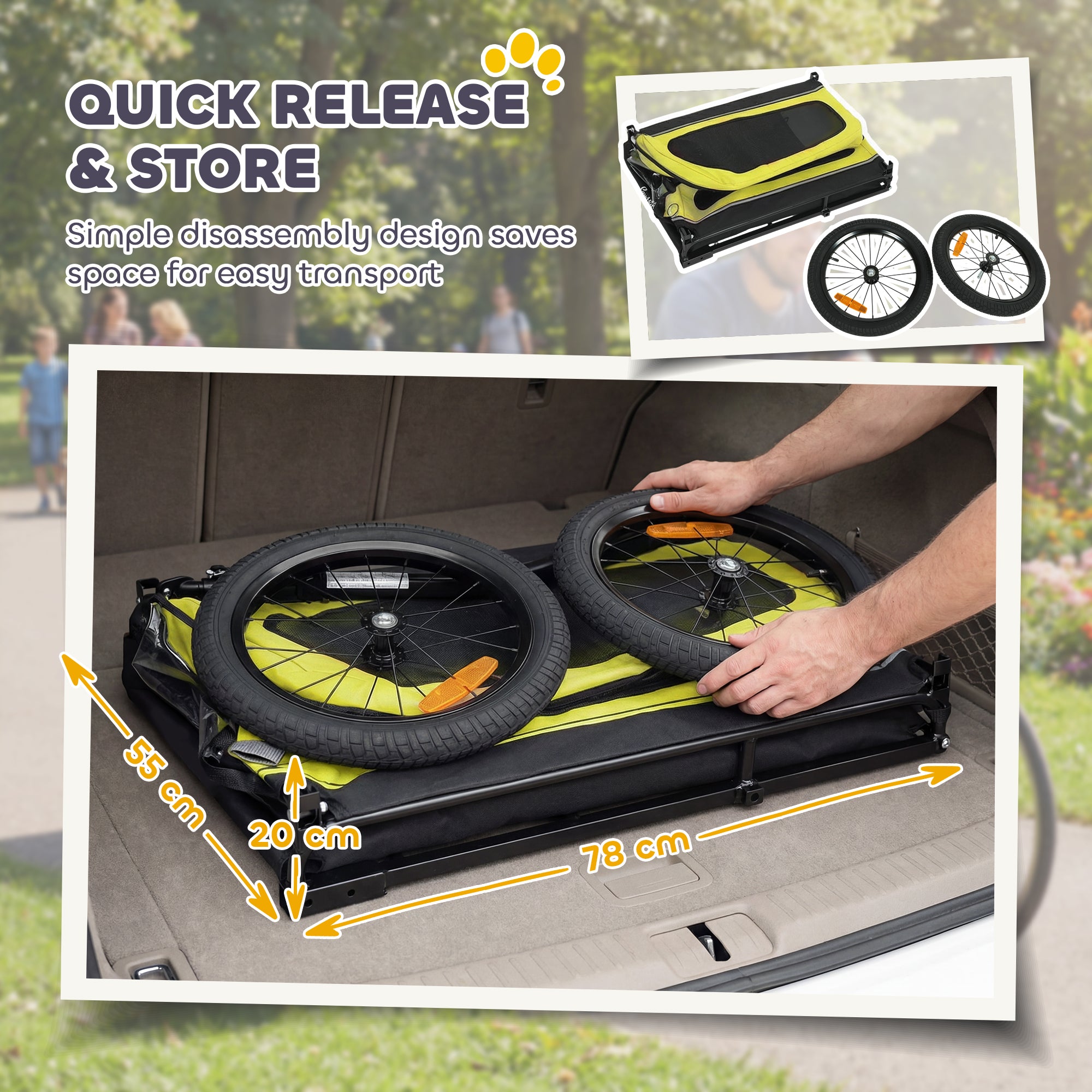 PawHut Dog Bike Trailer with Flip-Down Ramp Tailgate, Quick Release Frame, Universal Bicycle Coupler, Reflectors, Yellow