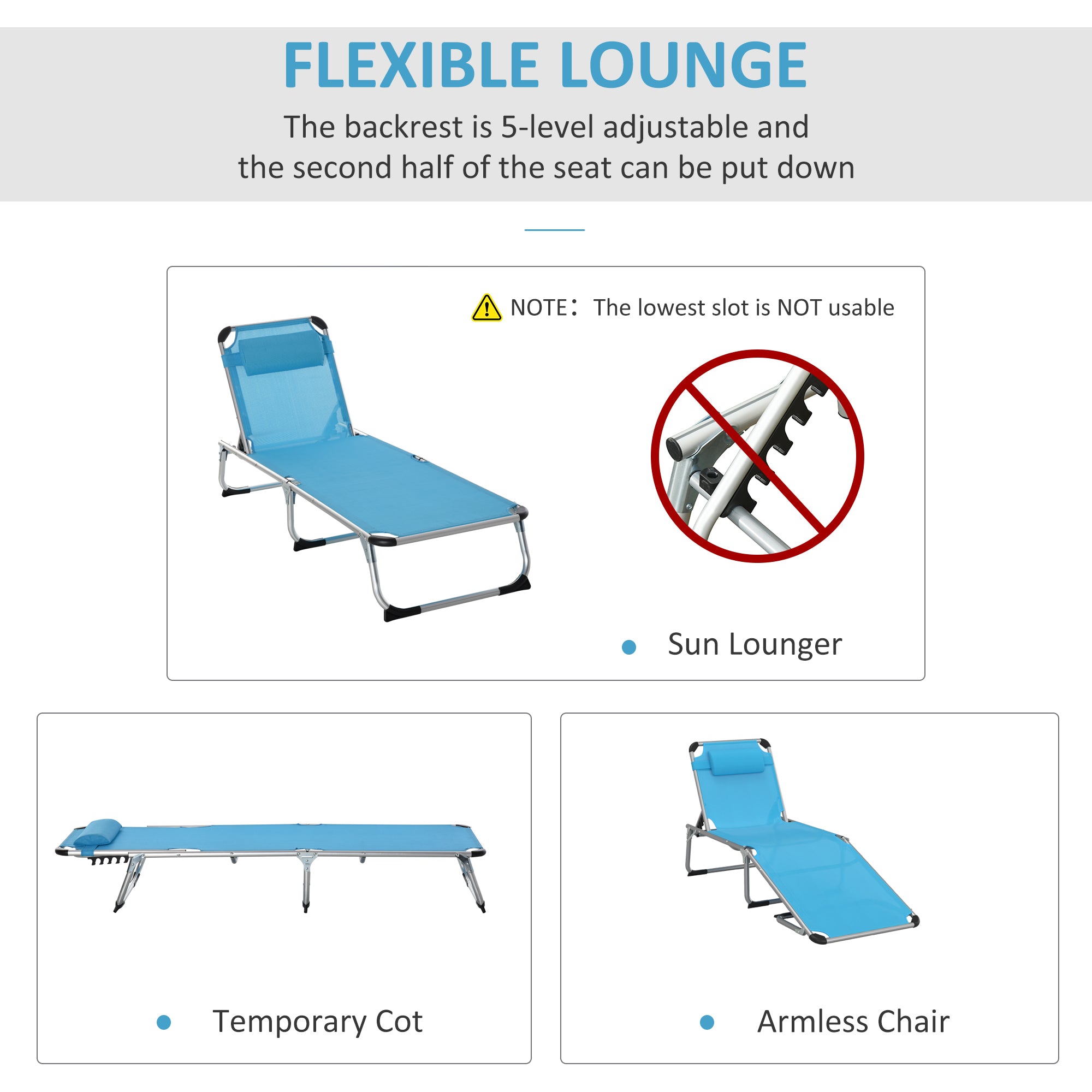 Outsunny 2 Pieces Foldable Outdoor Sun Lounger with Pillow, 5-Level Adjustable Reclining Lounge Chair, Aluminium Frame Camping Bed Cot, Blue - North Peak Garden Furniture