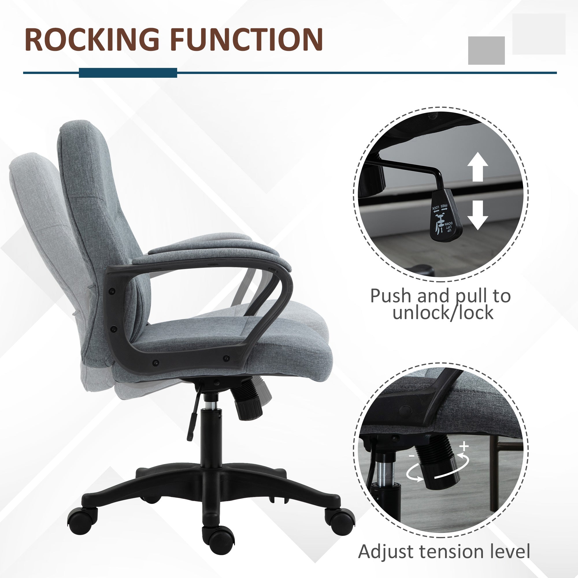 Vinsetto Office Chair, Fabric Desk Chair Mid Back Work Study Chair with Massage Lumbar Support, Adjustable Height and Swivel Wheels, Grey - North Peak Garden Furniture
