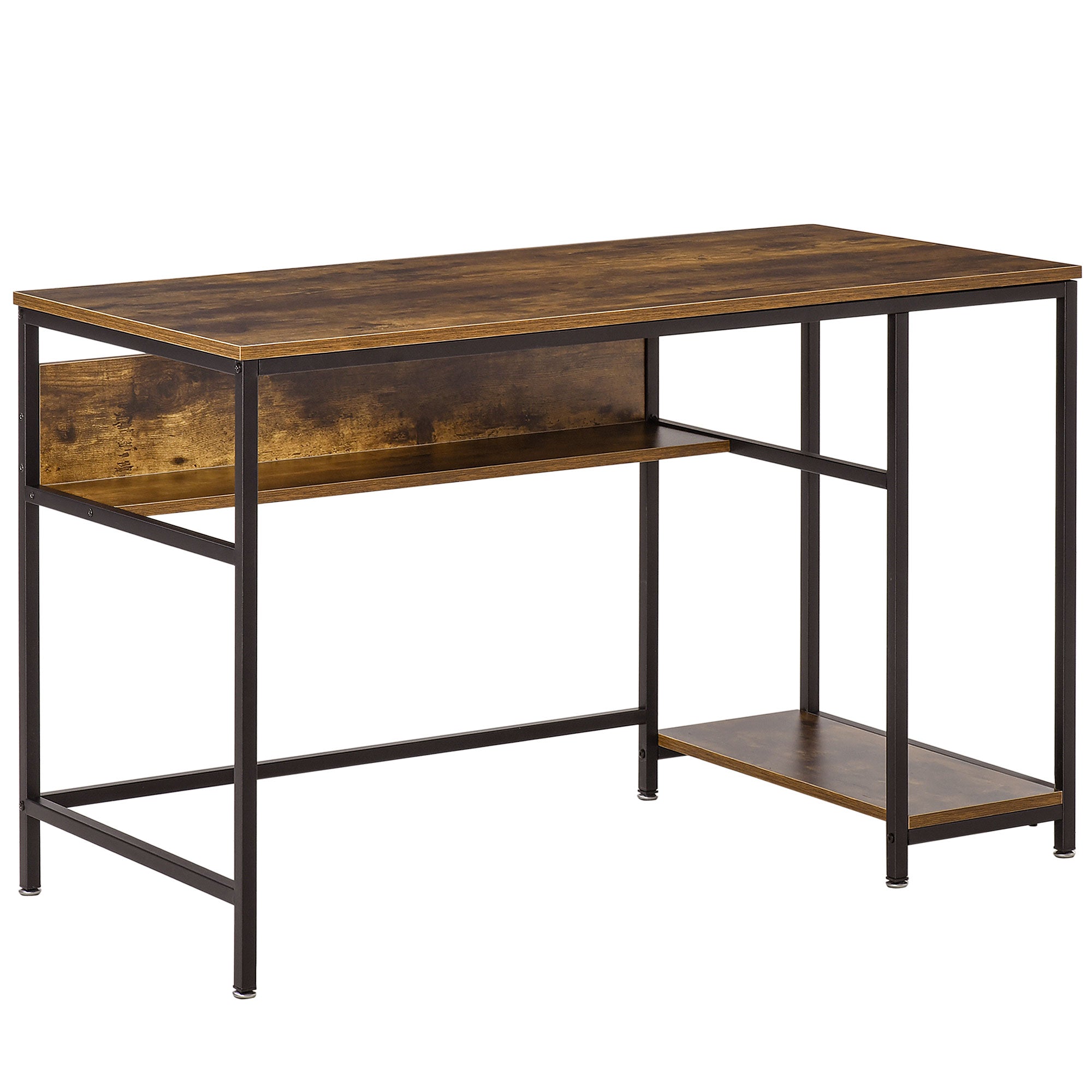 HOMCOM Computer Desk with Storage, 120 x 60cm Home Office Desk with 2 Shelves and Steel Frame, Writing Table for Living Room, Study, Rustic Brown - North Peak Garden Furniture