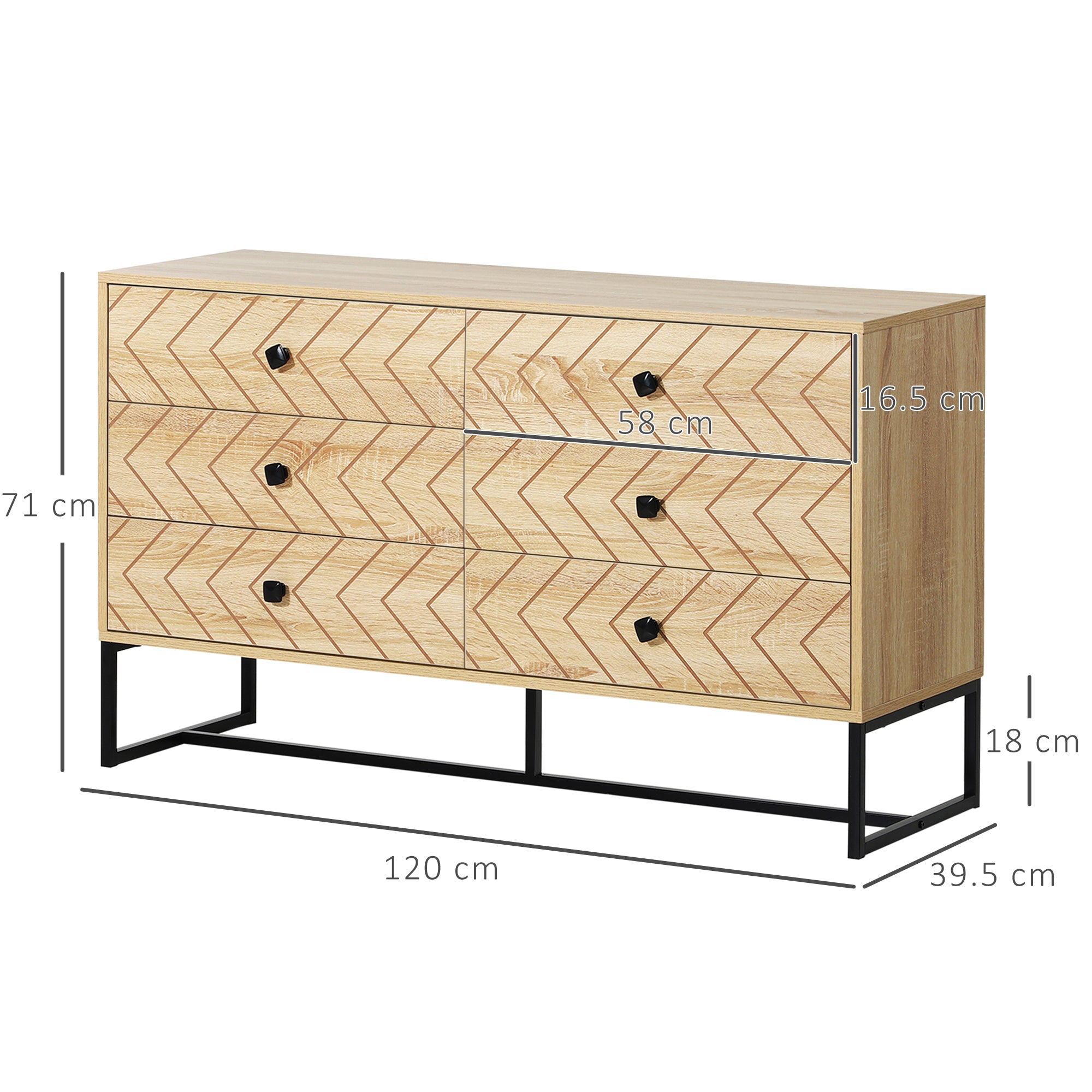 HOMCOM Bedroom Chest of Drawers, 6 Drawer Dresser, Sideboard Cabinet with Zigzag Design and Metal Base, Storage Drawer Unit, 120x71cm, Natural - North Peak Garden Furniture