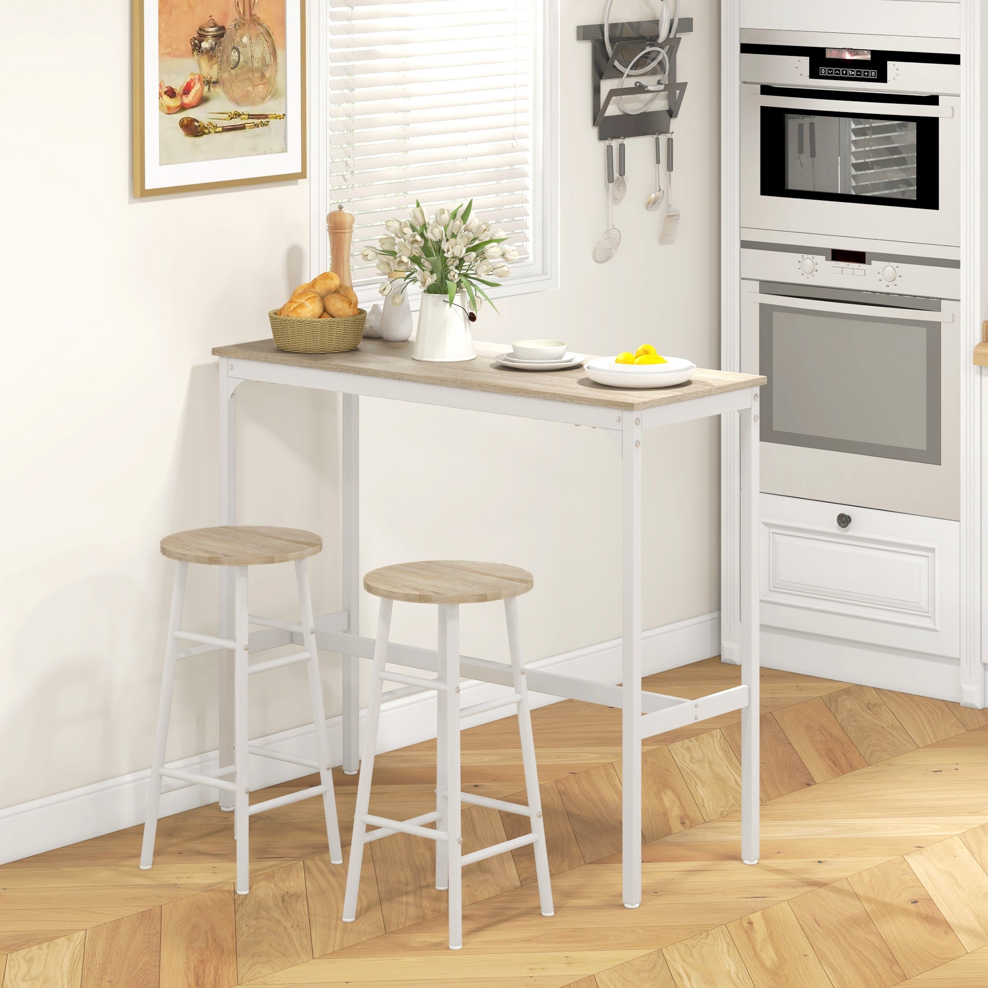 HOMCOM 3 Piece Bar Table Set with 2 Stools, Industrial Bar Table and Stool Set, Dining Table and Chair Set, Oak