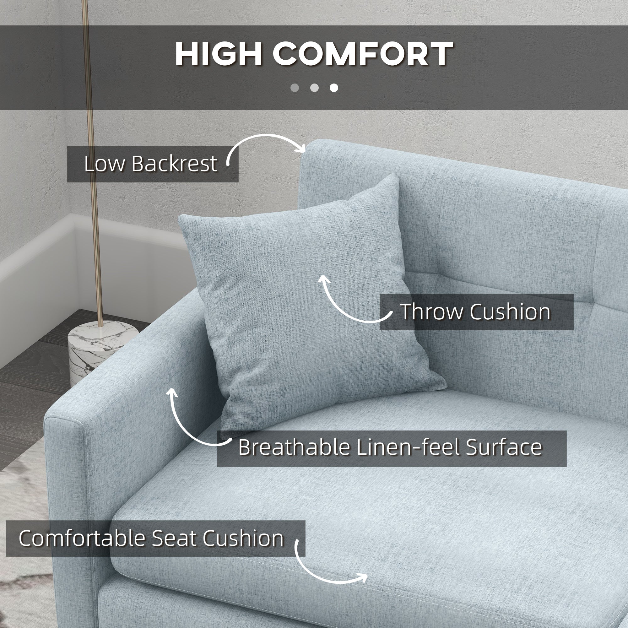 HOMCOM 165cm 2 Seater Sofa for Living Room, Modern Fabric Couch, Tufted Loveseat Sofa Settee with Steel Legs and 2 Storage Pockets for Bedroom and Home Office, Blue - North Peak Garden Furniture