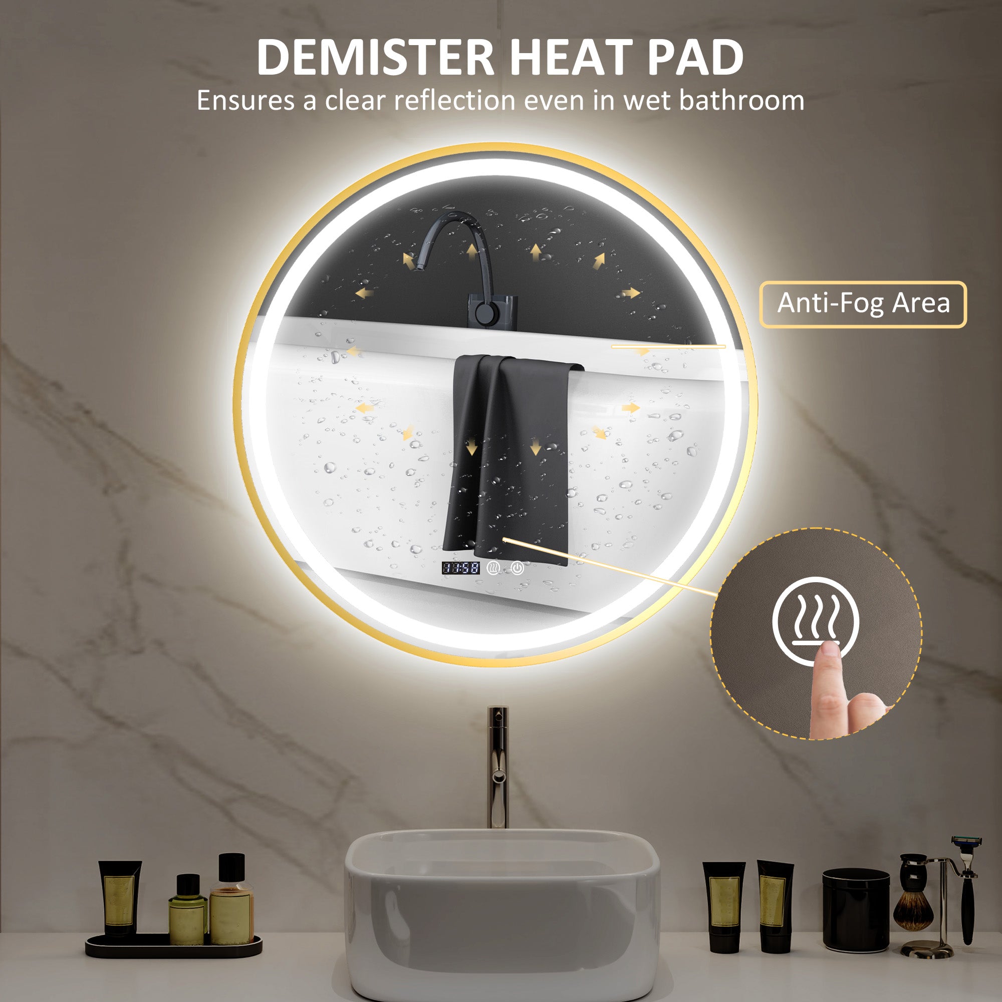 HOMCOM Round Bathroom Mirror with LED Lights, 800mm Backlit Illuminated Bathroom Mirror, Dimmable Wall Mounted Vanity Mirror with Demister Pad, Touch Switch, Time and Temp Display, Gold Tone - North Peak Garden Furniture