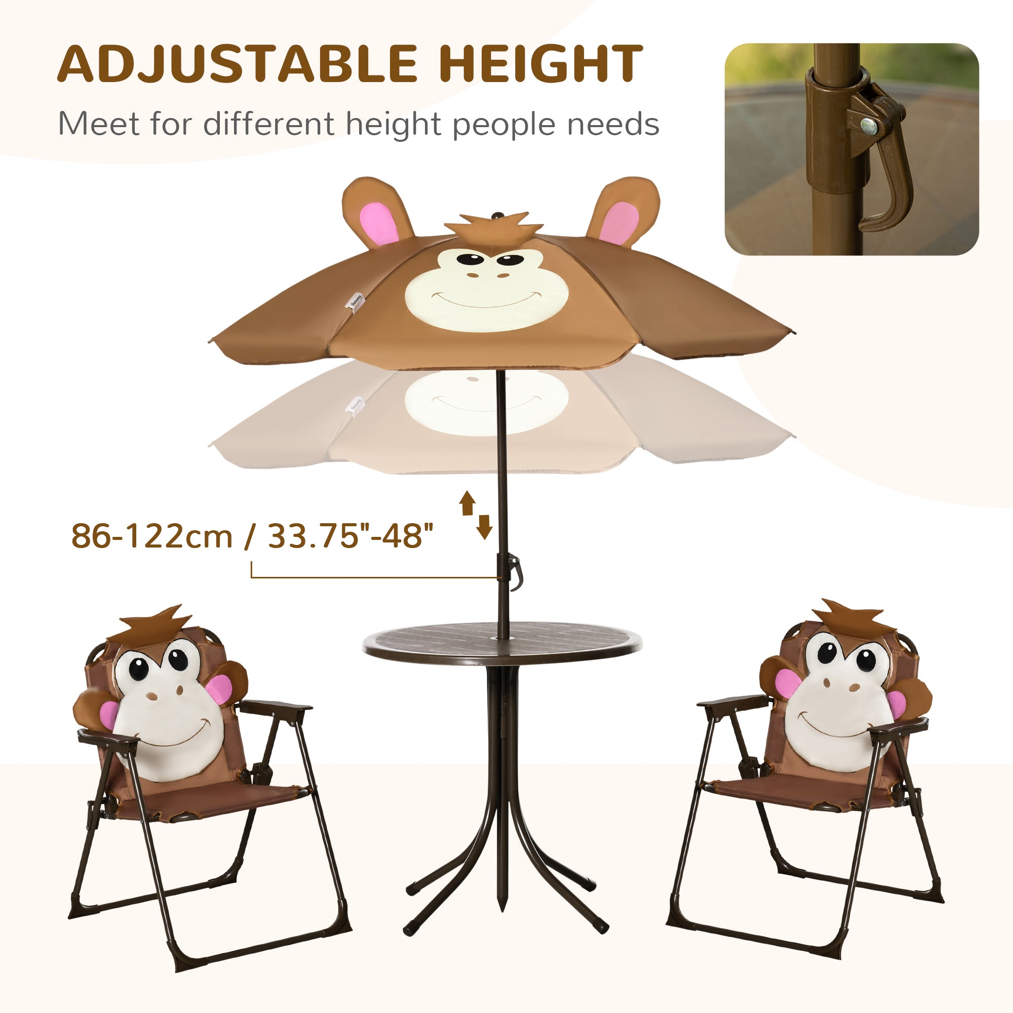 Outsunny Kids Bistro Table and Chair Set, Outdoor Folding Garden Furniture w/Monkey Design, Removable, Adjustable Sun Umbrella, Ages 3-6 Years - Brown