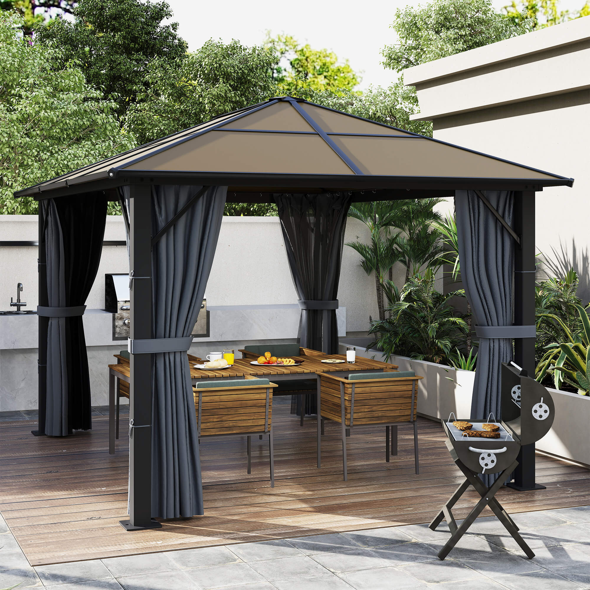 Outsunny 3m x 3m Hardtop Metal Frame Mesh Draped Gazebo Black - North Peak Garden Furniture