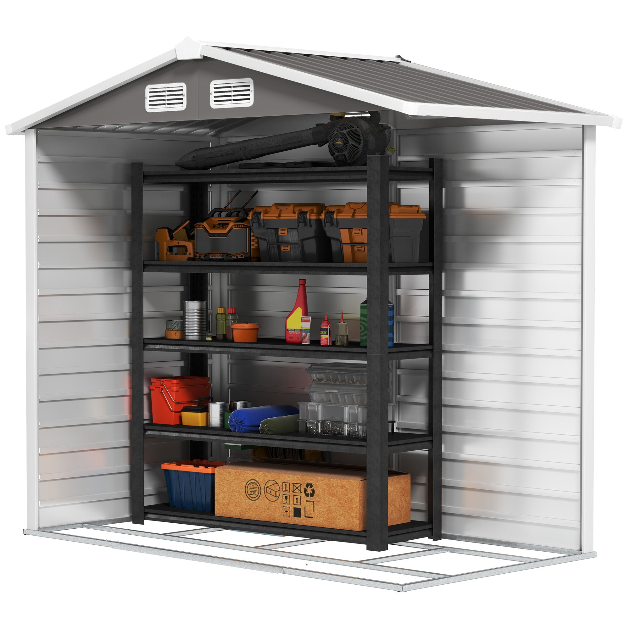 Outsunny 7 x 4ft Garden Shed, Easy to Assemble, Upgraded Galvanised Steel Frame with Foundation Kit, Double Doors with Lock, Outdoor Metal Shed with Vents and Gloves, Garden Storage Shed, Light Grey - North Peak Garden Furniture