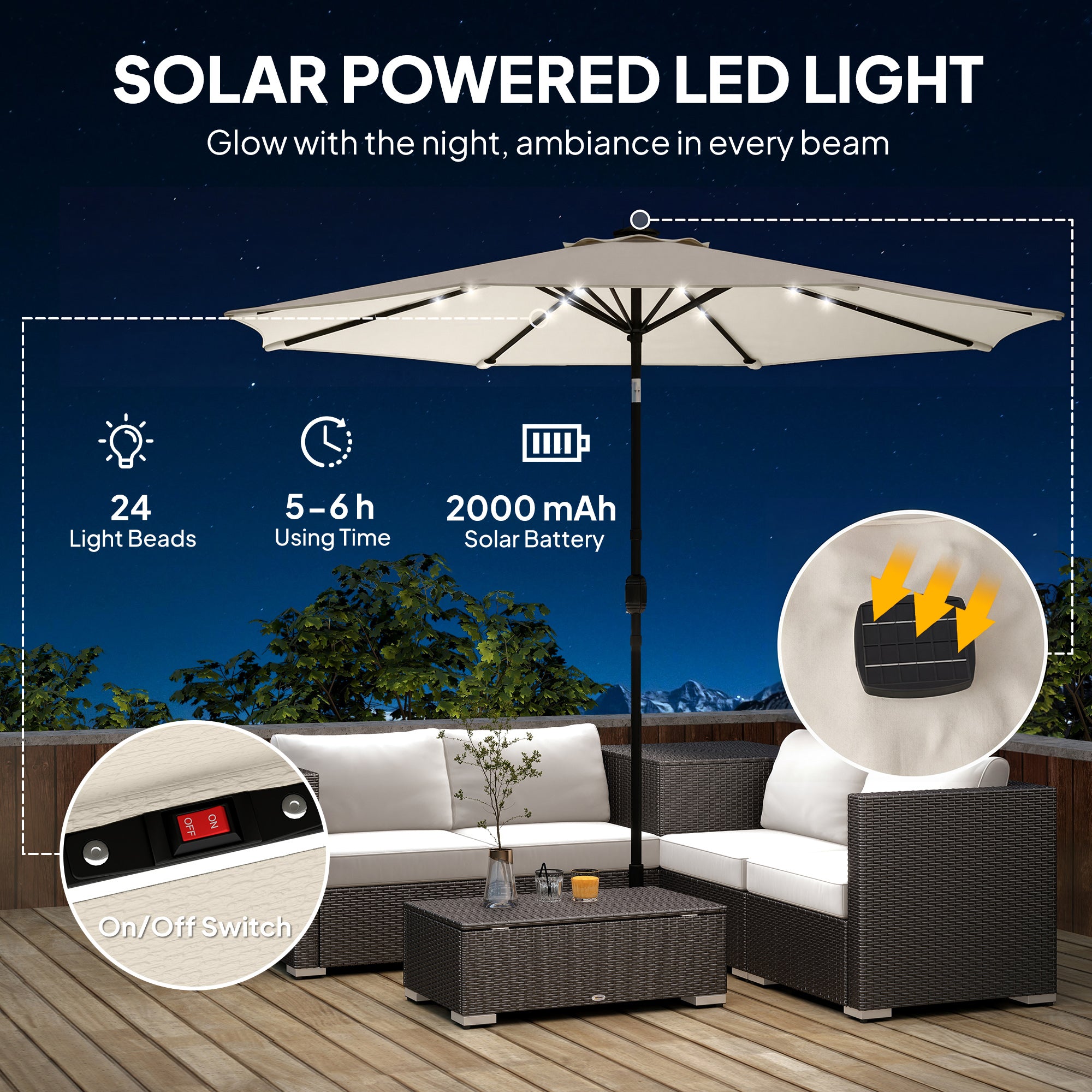 Outsunny 2.6 m Garden Parasol Umbrella with LED Solar Light, Parasol Cover, Outdoor Market Patio Umbrella, Cream White