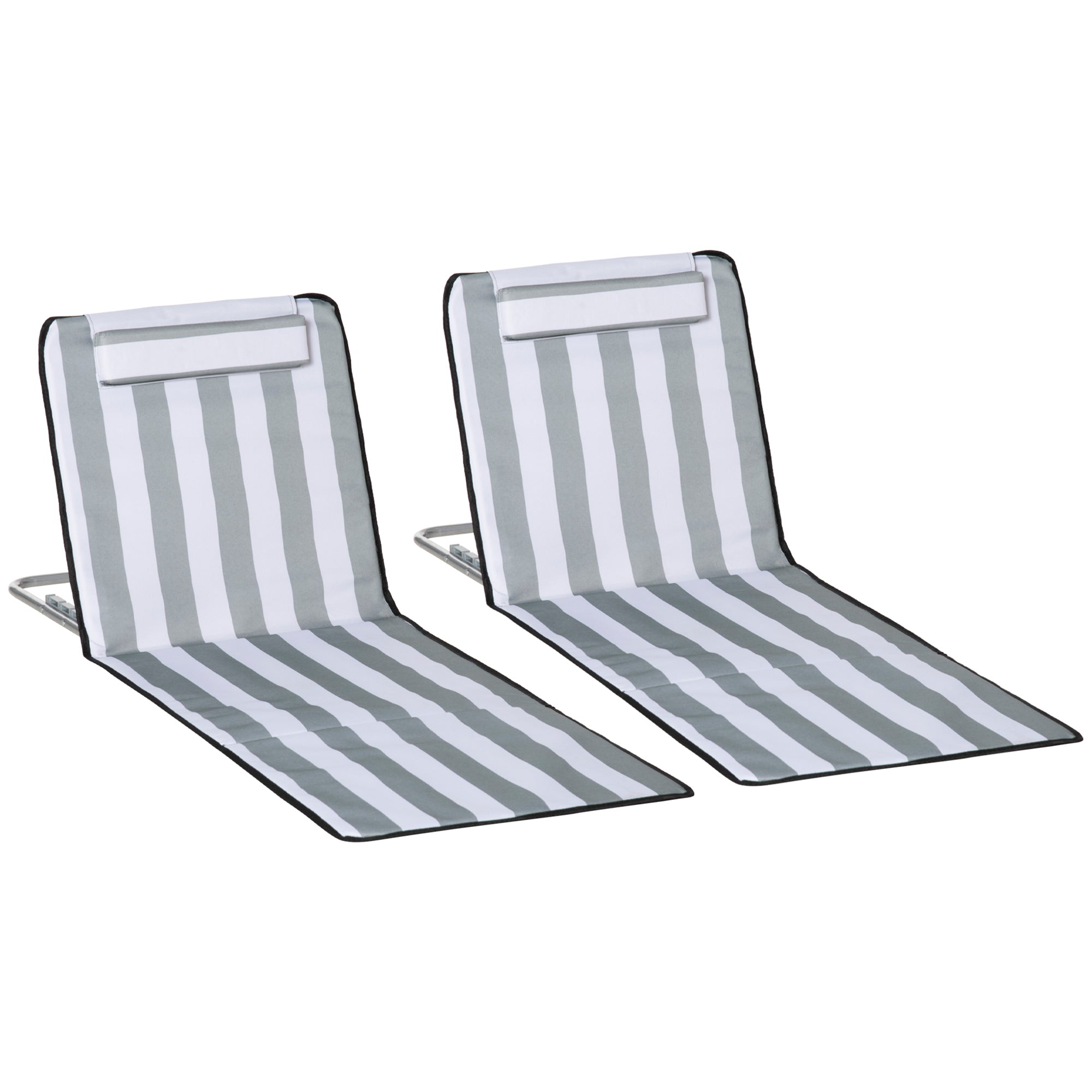 Outsunny Set of 2 Foldable Garden Beach Chair Mat Lightweight Outdoor Sun Lounger Seats Adjustable Back Metal Frame PE Fabric Head Pillow w/ Carry Bag, Light Grey - North Peak Garden Furniture