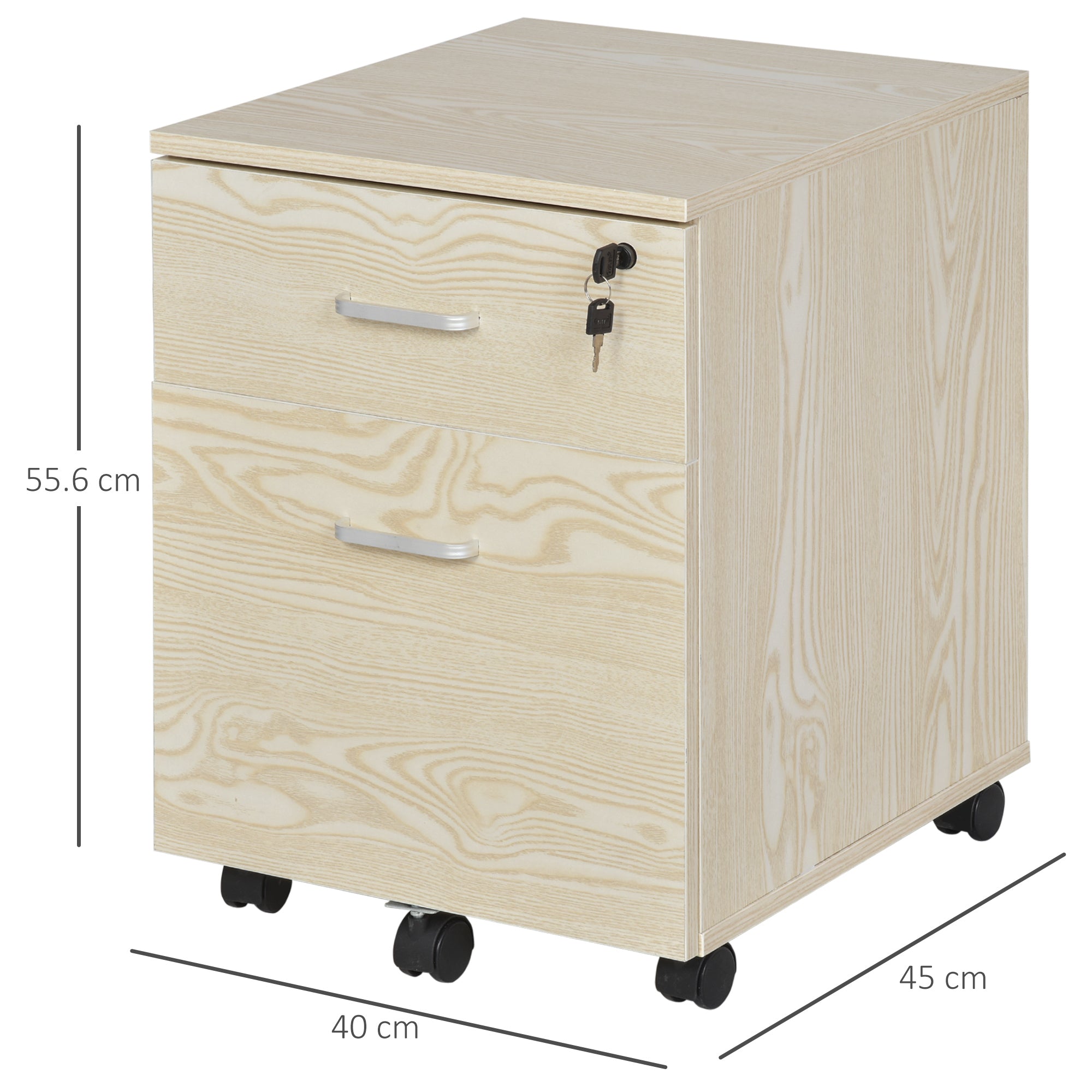 Vinsetto 2-Drawer Locking Office Filing Cabinet w/ 5 Wheels Rolling Storage Hanging Legal Letter Files Cupboard Home Organisation Oak Wood Grain - North Peak Garden Furniture