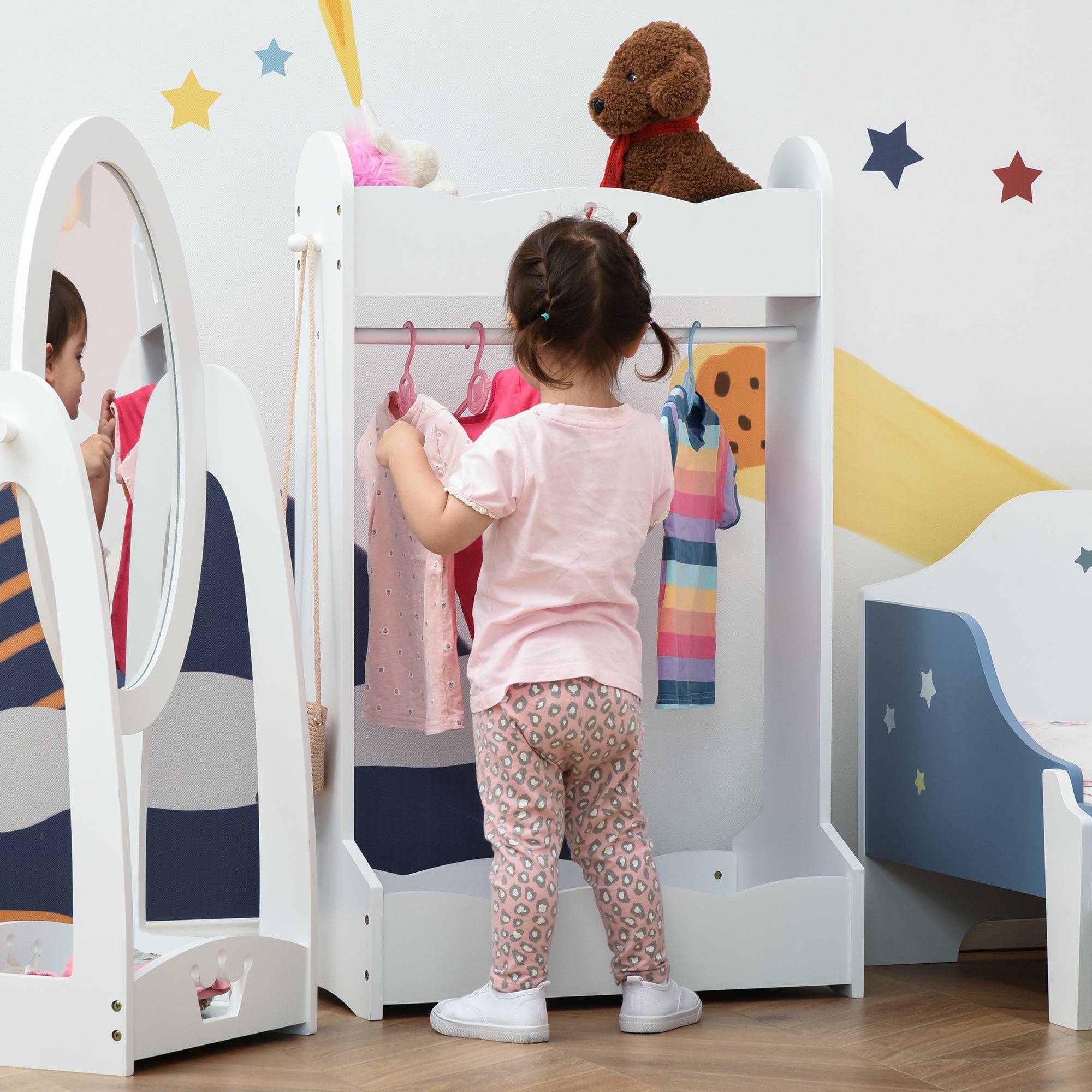 HOMCOM Kids Clothes Rail Wooden Hanging Rack with Storage Shelves Children Garment Freestanding Wardrobe for 3-8 Years Toddler, White - North Peak Garden Furniture
