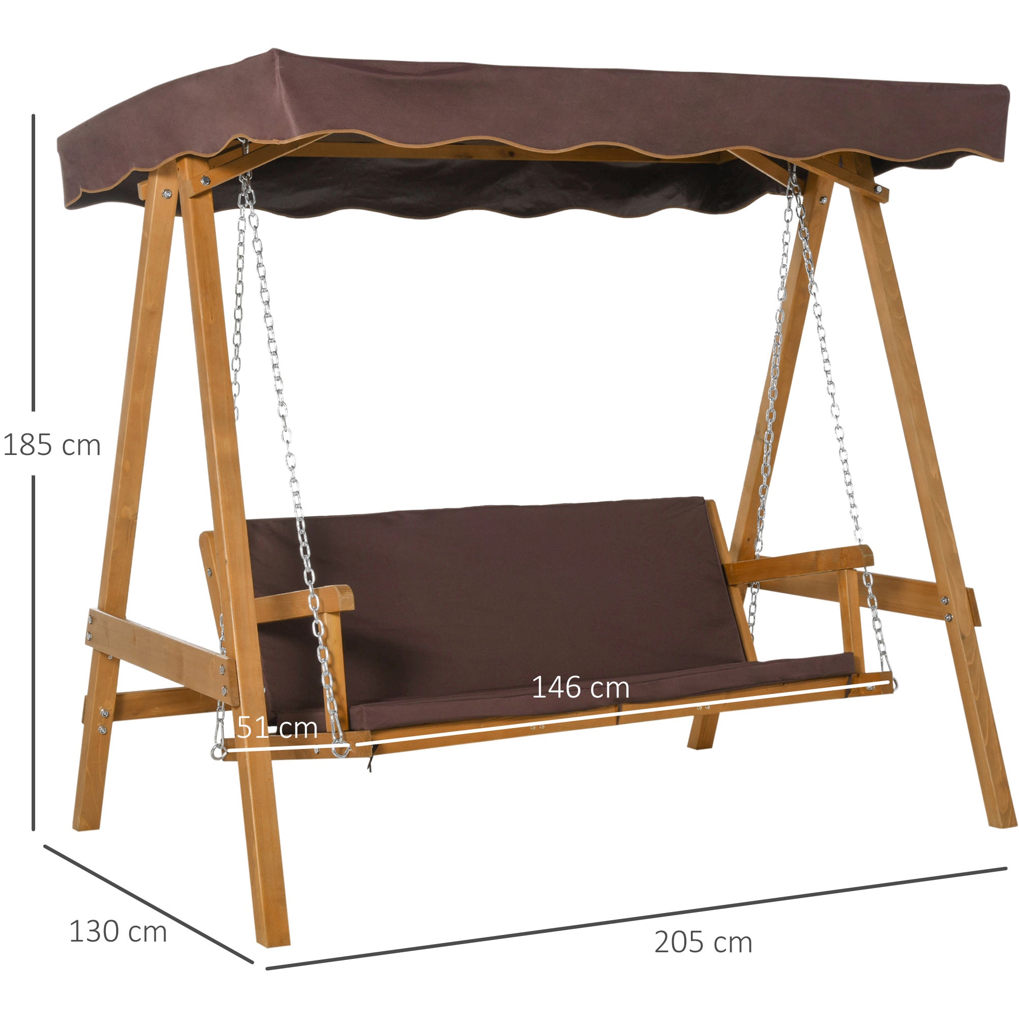 Outsunny 3 Seater Garden Swing Seat Outdoor Swing Chair with Adjustable Canopy, Wooden Hammock Bench with Padded Cushions for Patio Yard, Brown - North Peak Garden Furniture
