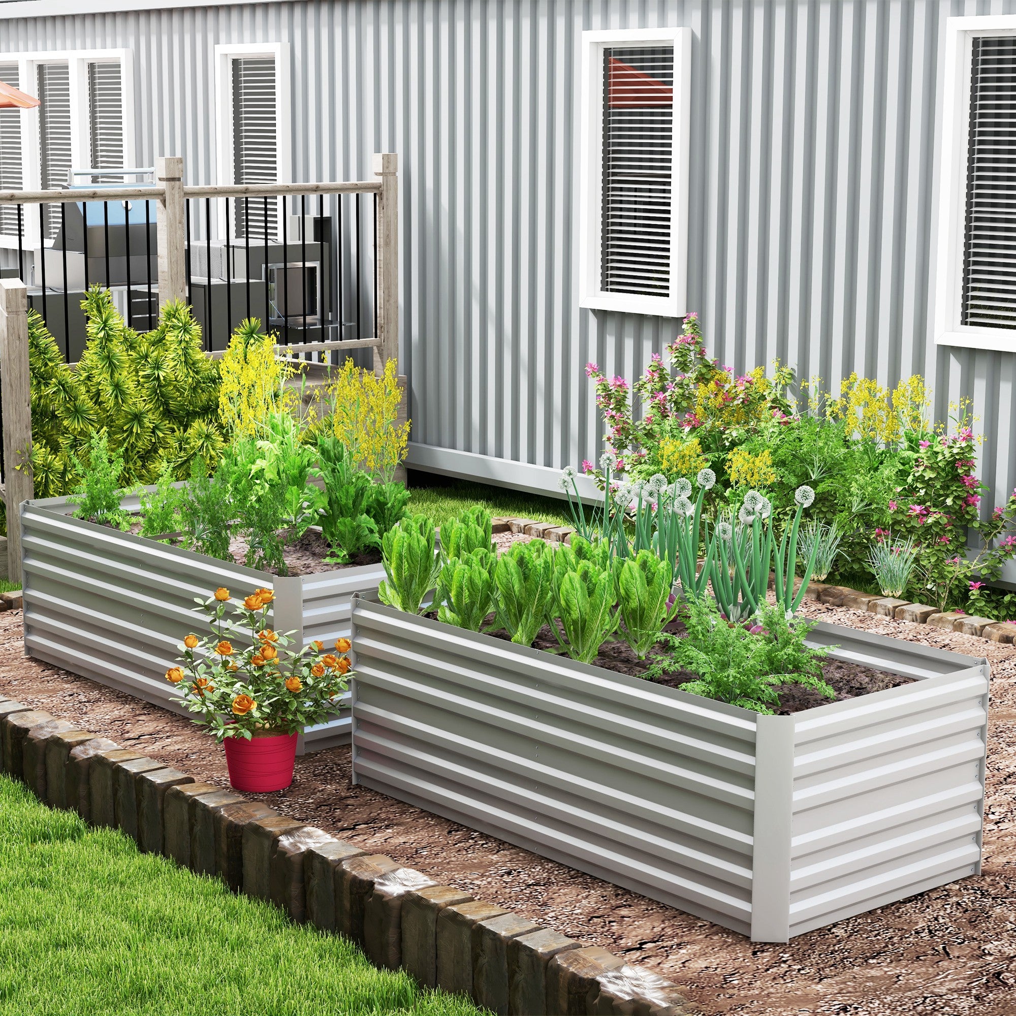Outsunny Set of 2 Raised Beds for Garden, Galvanised Steel Outdoor Planters with Multi-reinforced Rods for Vegetables, Plants, Flowers and Herbs, 180 x 90 x 59 cm, Light Grey - North Peak Garden Furniture