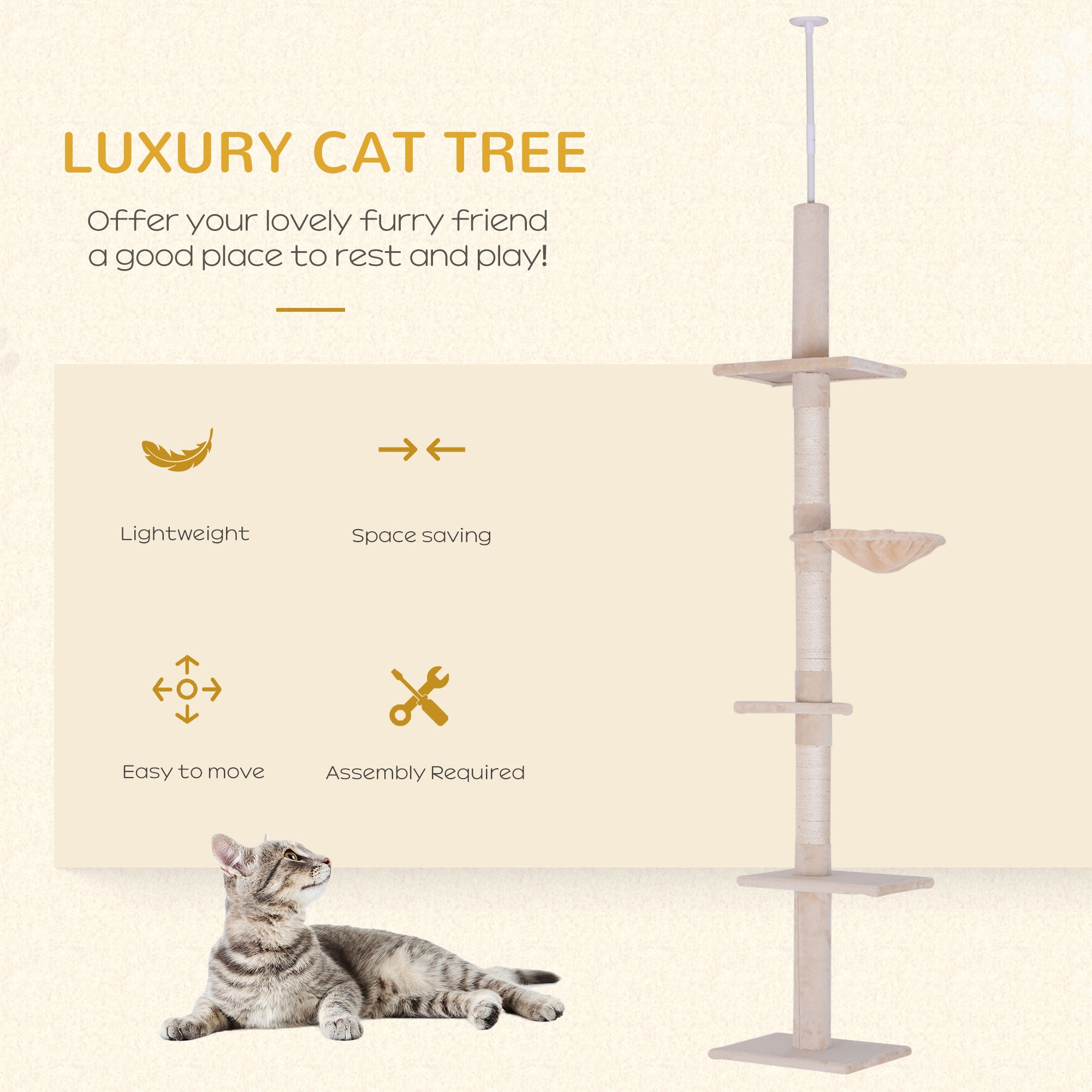 PawHut Floor to Ceiling Cat Tree for Indoor Cats 5-Tier Kitty Tower Climbing Activity Center Scratching Post Adjustable Height 230-260 cm Beige