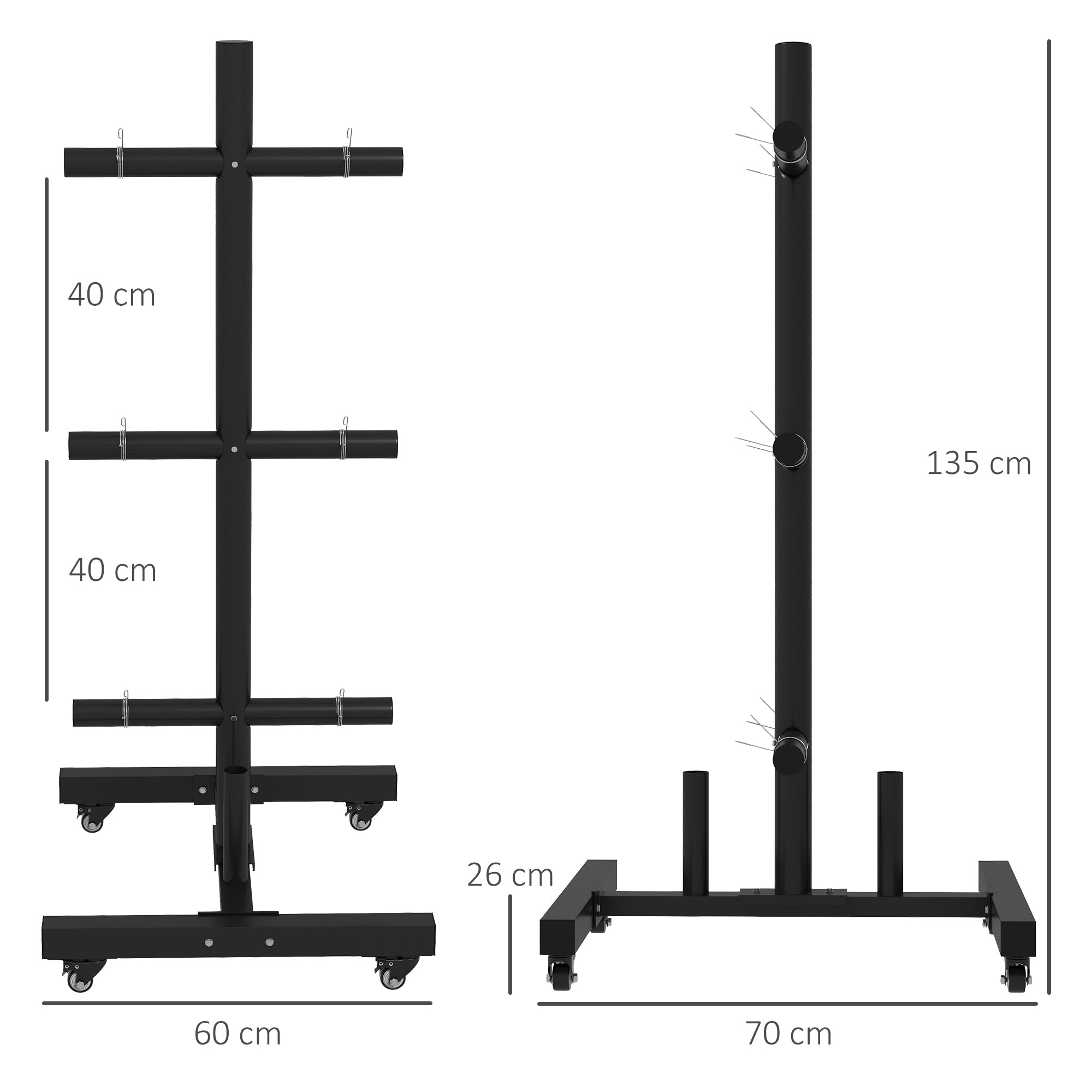 SPORTNOW Weight Rack for Olympic Weight Plate, 3 Tier Weight Tree for 2 inch Plates and Bars, Weight Organizer Stand with 4 Transport Wheels and Clamps for Home Gym, Max Load 200kg, Black - North Peak Garden Furniture