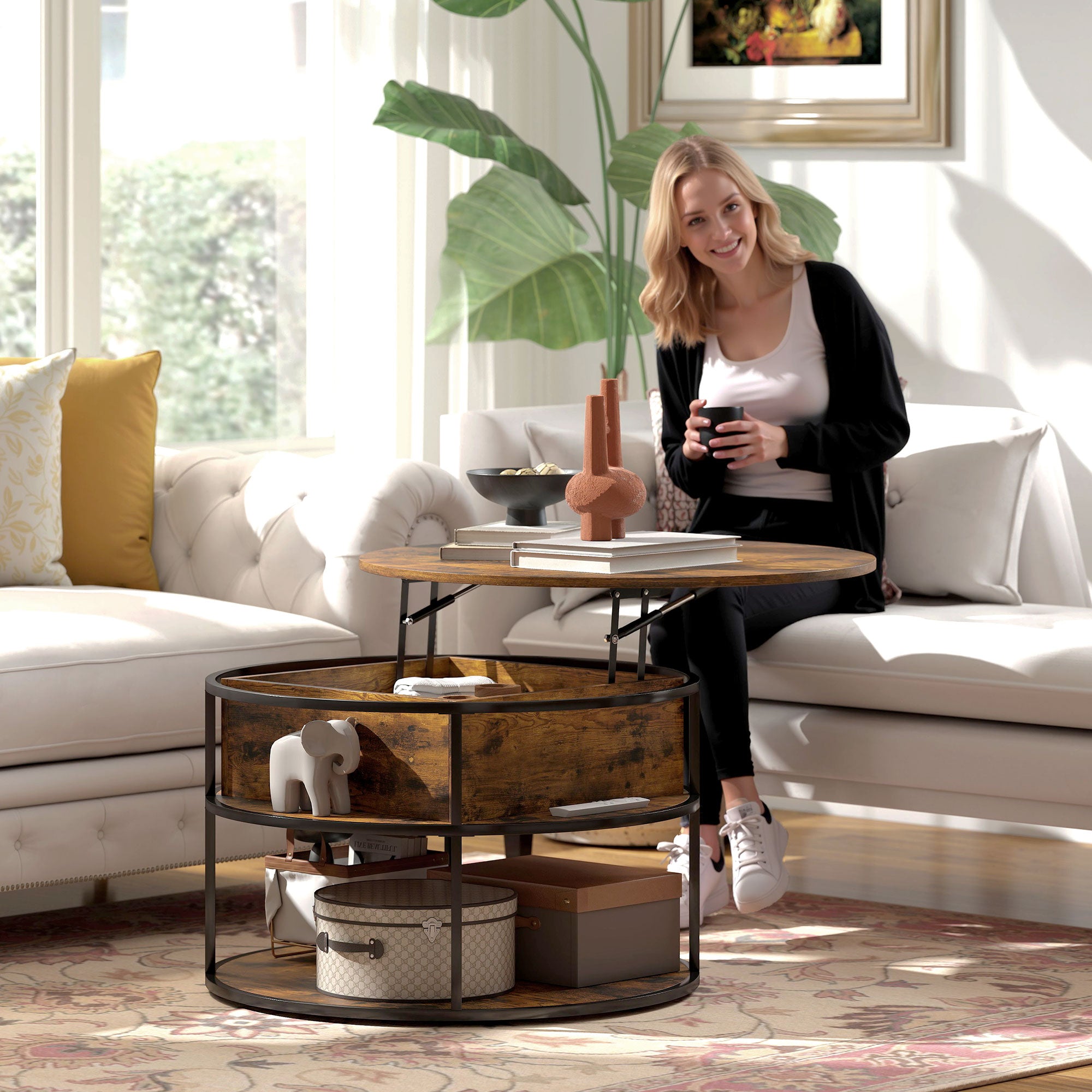 HOMCOM Lift Top Coffee Table, Round Coffee Table with Storage Shelf, Hidden Compartment and Steel Frame for Living Room, Home Office, Brown - North Peak Garden Furniture